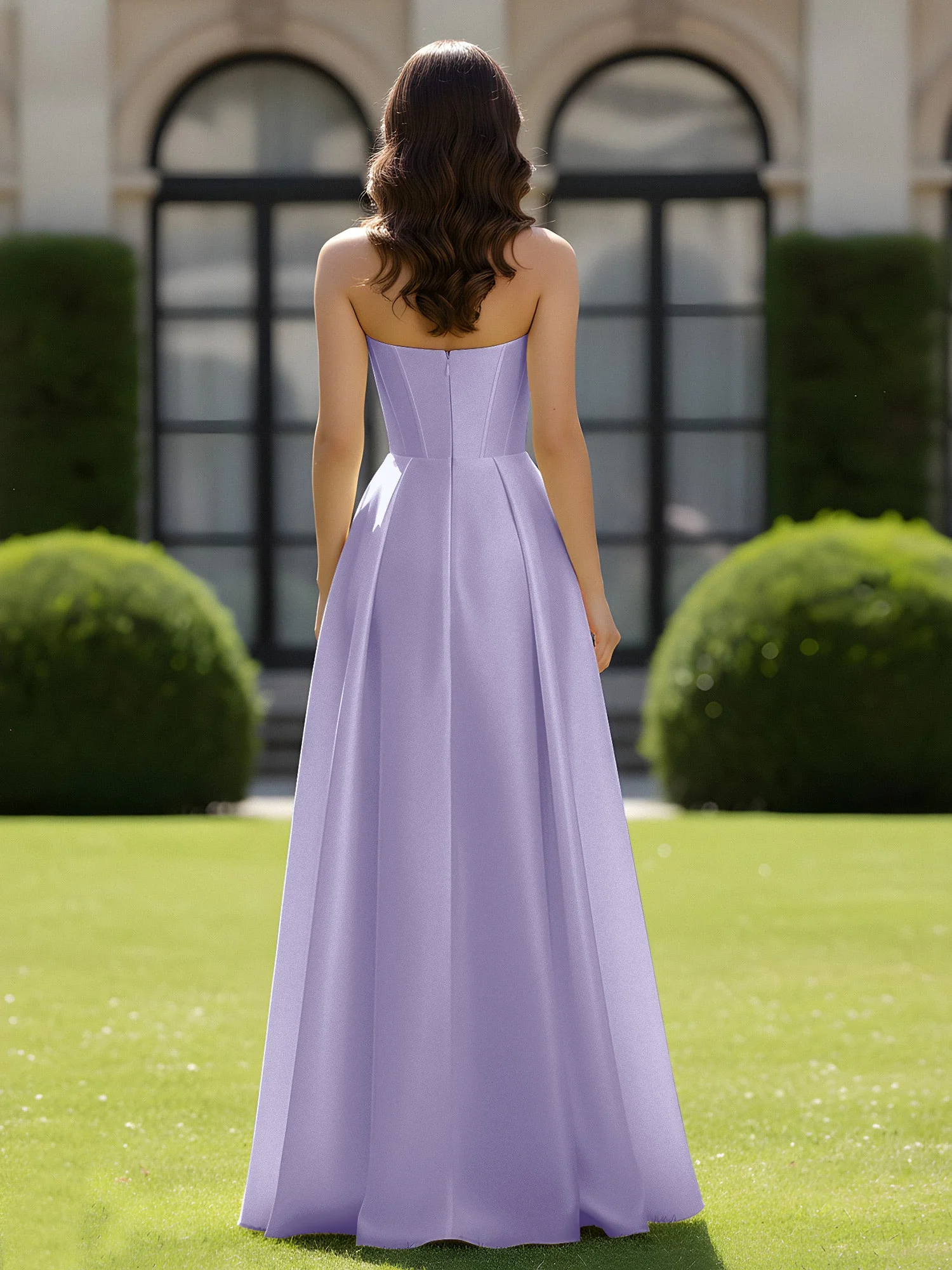 A-Linie Herzform Satin Reißverschluss Bodenlang Kleid Lavendel - Image 2