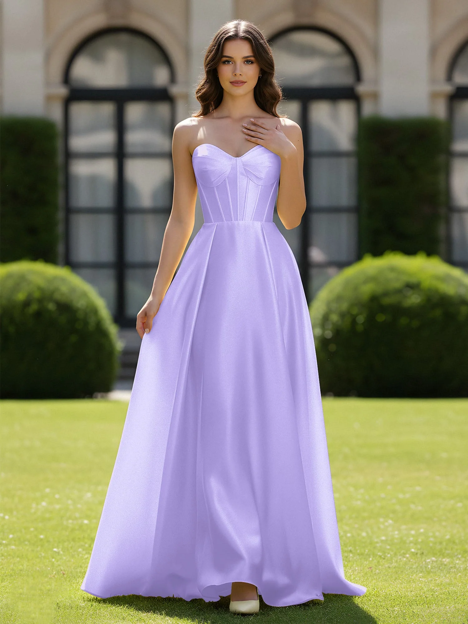 A-Linie Herzform Satin Reißverschluss Bodenlang Kleid Lila