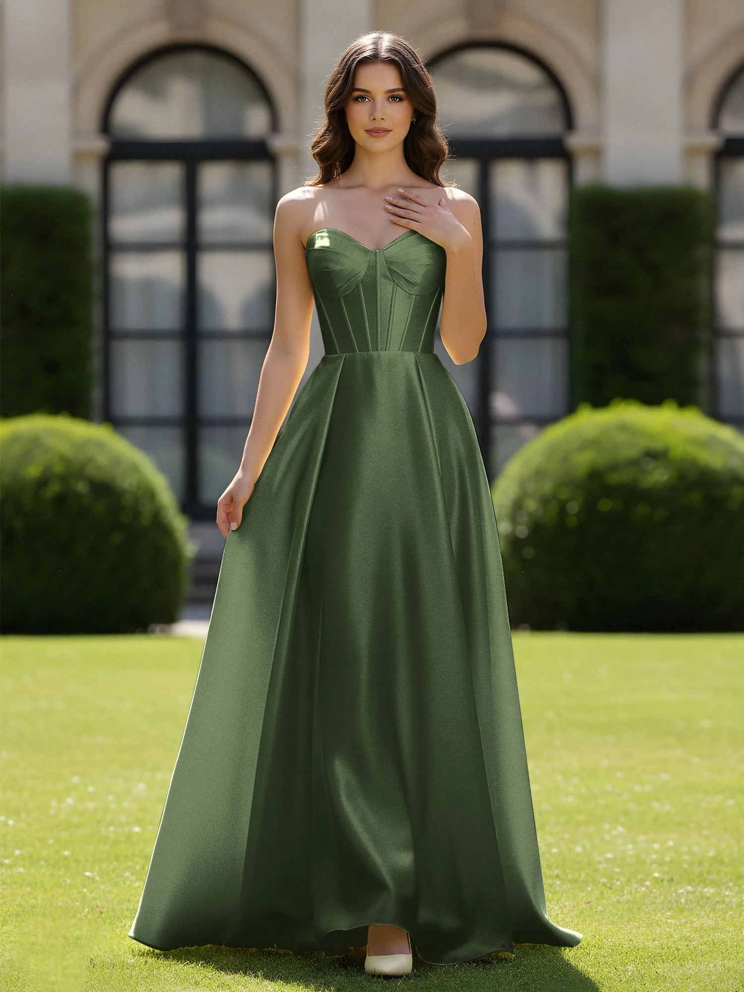 A-Linie Herzform Satin Reißverschluss Bodenlang Kleid Olivgrün