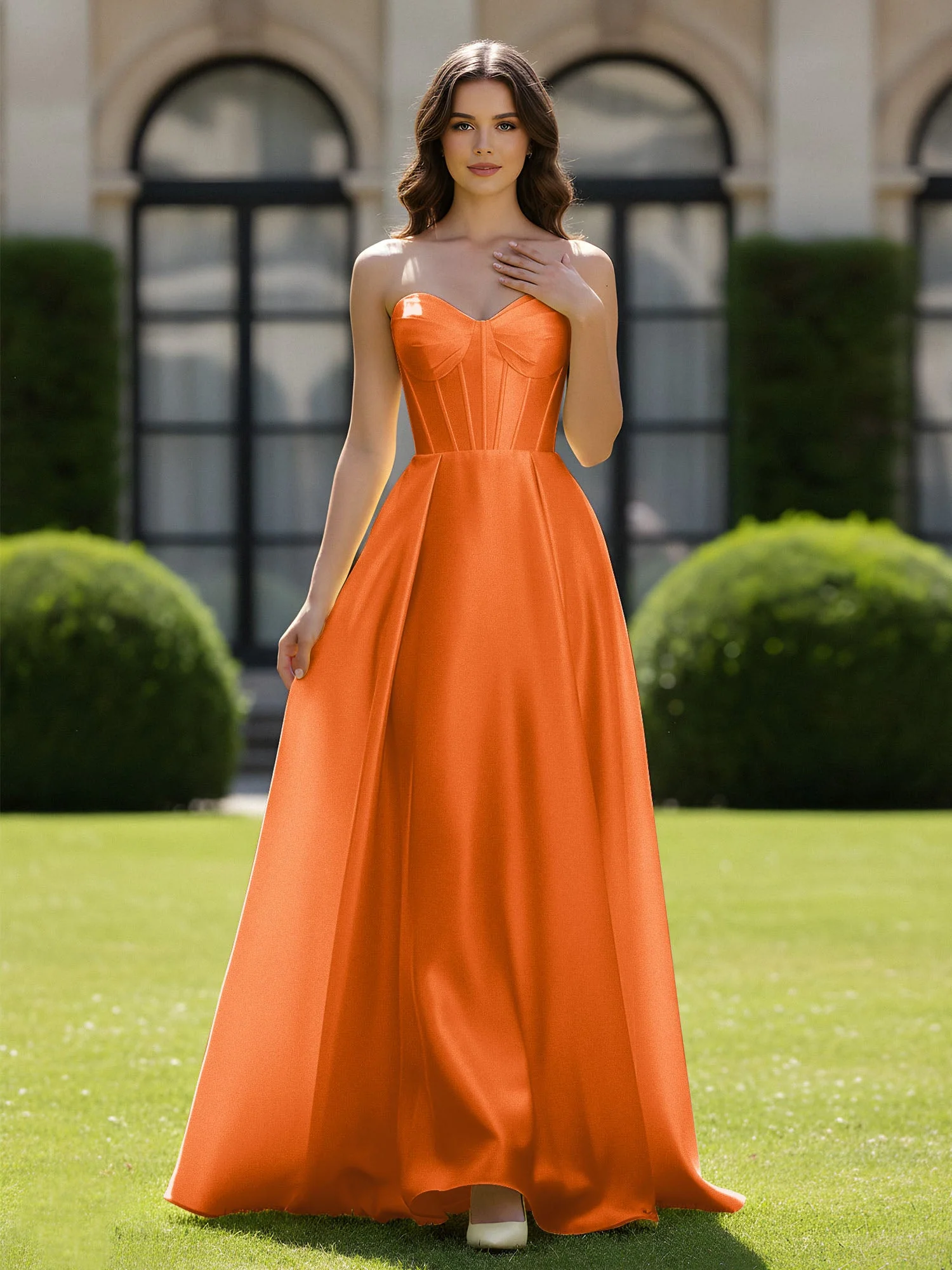 A-Linie Herzform Satin Reißverschluss Bodenlang Kleid Orange