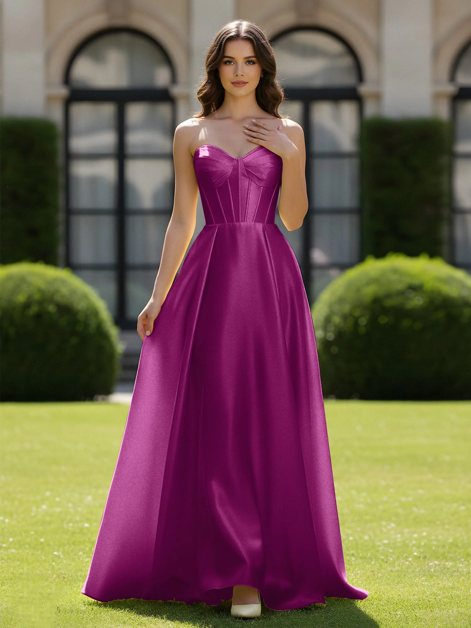 A-Linie Herzform Satin Reißverschluss Bodenlang Kleid Orchidee