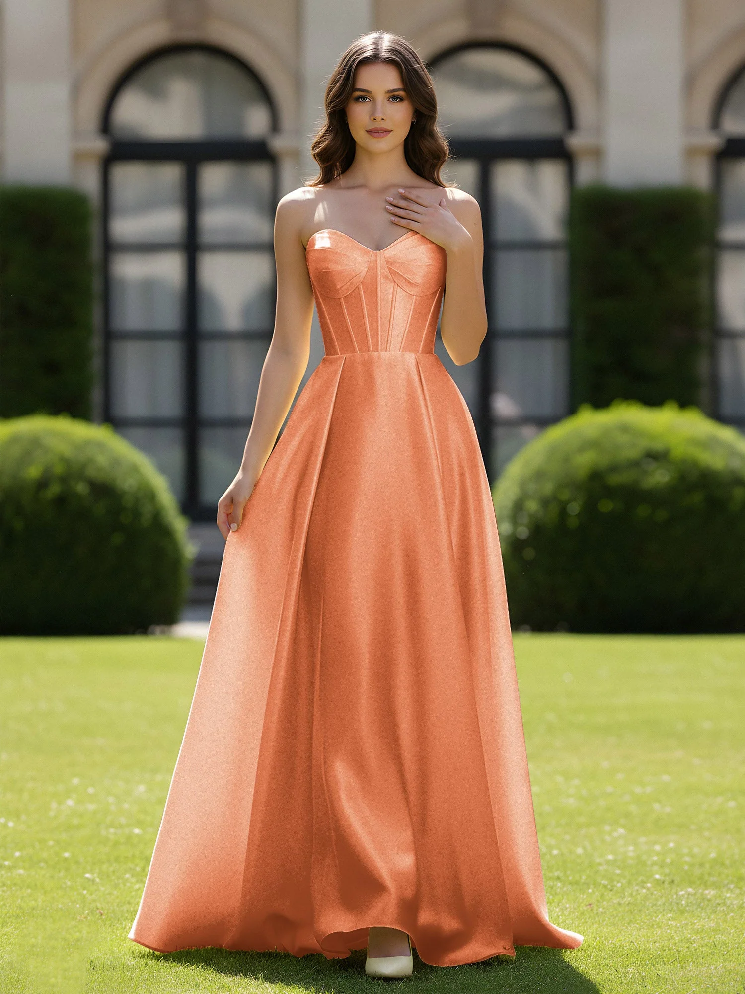 A-Linie Herzform Satin Reißverschluss Bodenlang Kleid Papaya