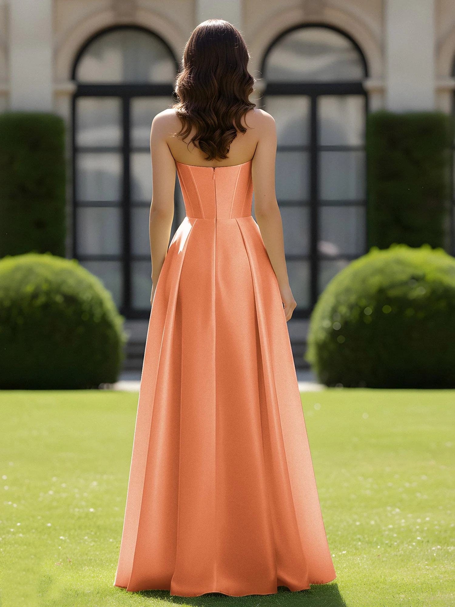 A-Linie Herzform Satin Reißverschluss Bodenlang Kleid Papaya - Image 2