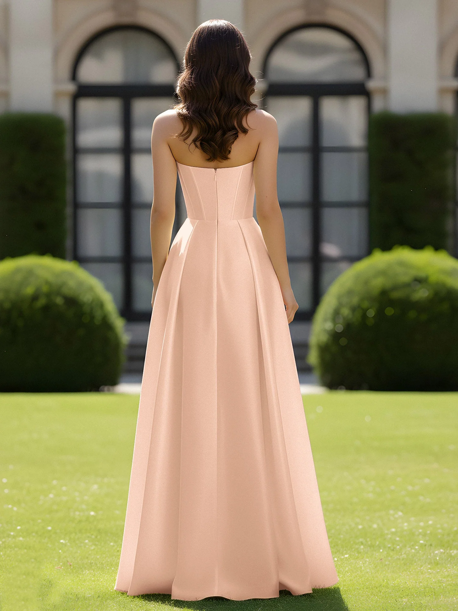 A-Linie Herzform Satin Reißverschluss Bodenlang Kleid Pfirsich - Image 2