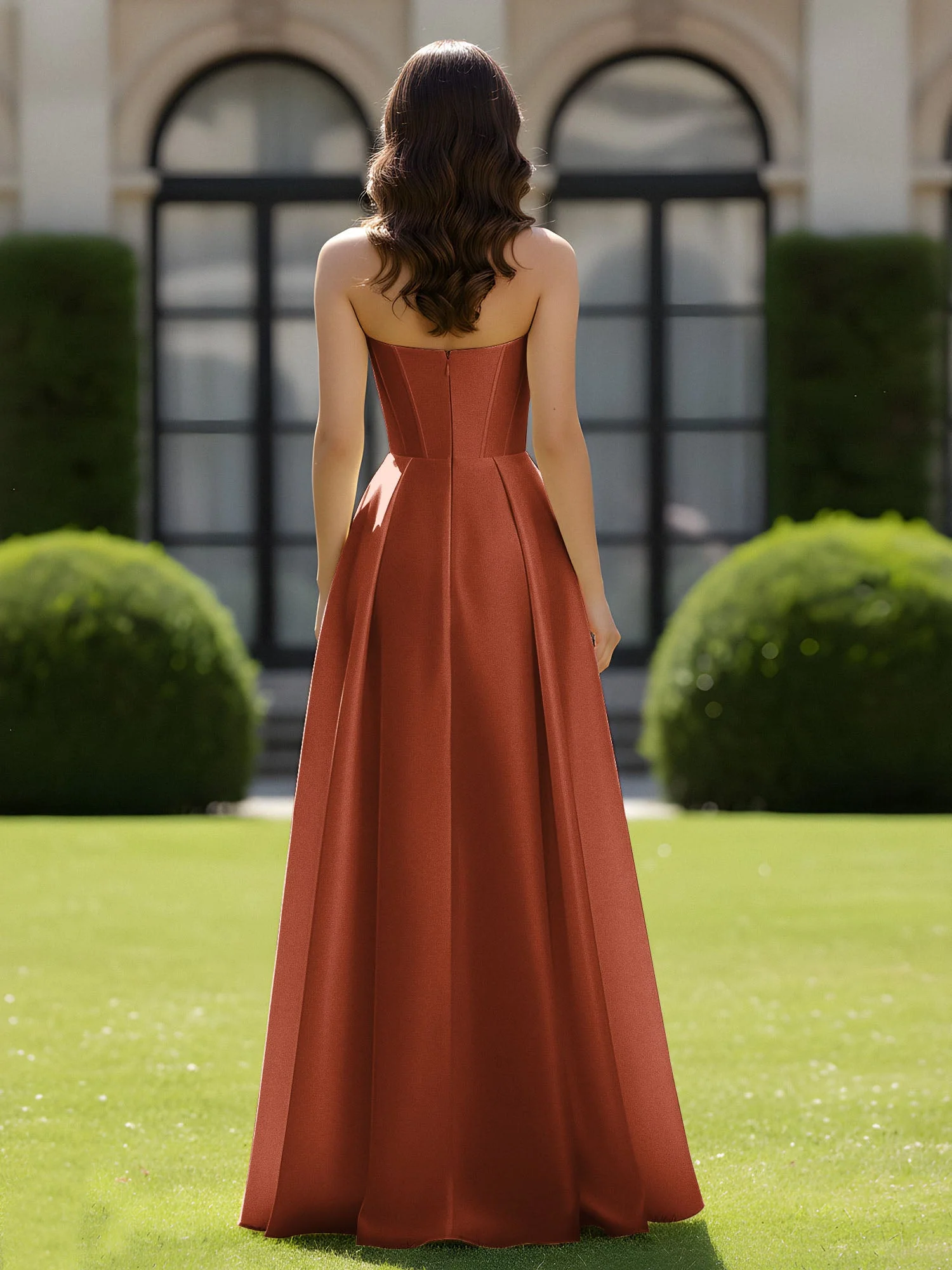 A-Linie Herzform Satin Reißverschluss Bodenlang Kleid Rost - Image 2