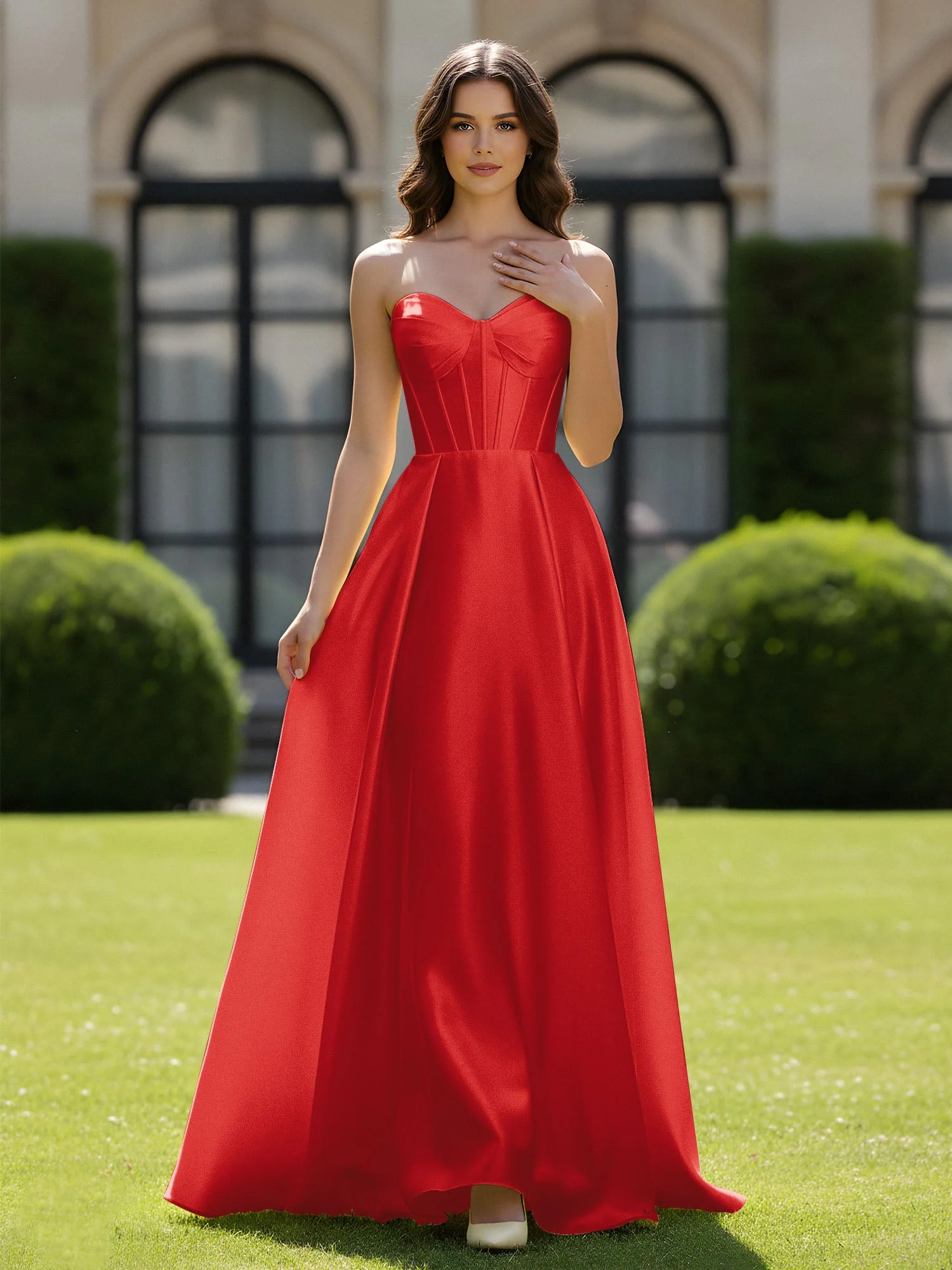 A-Linie Herzform Satin Reißverschluss Bodenlang Kleid Rot