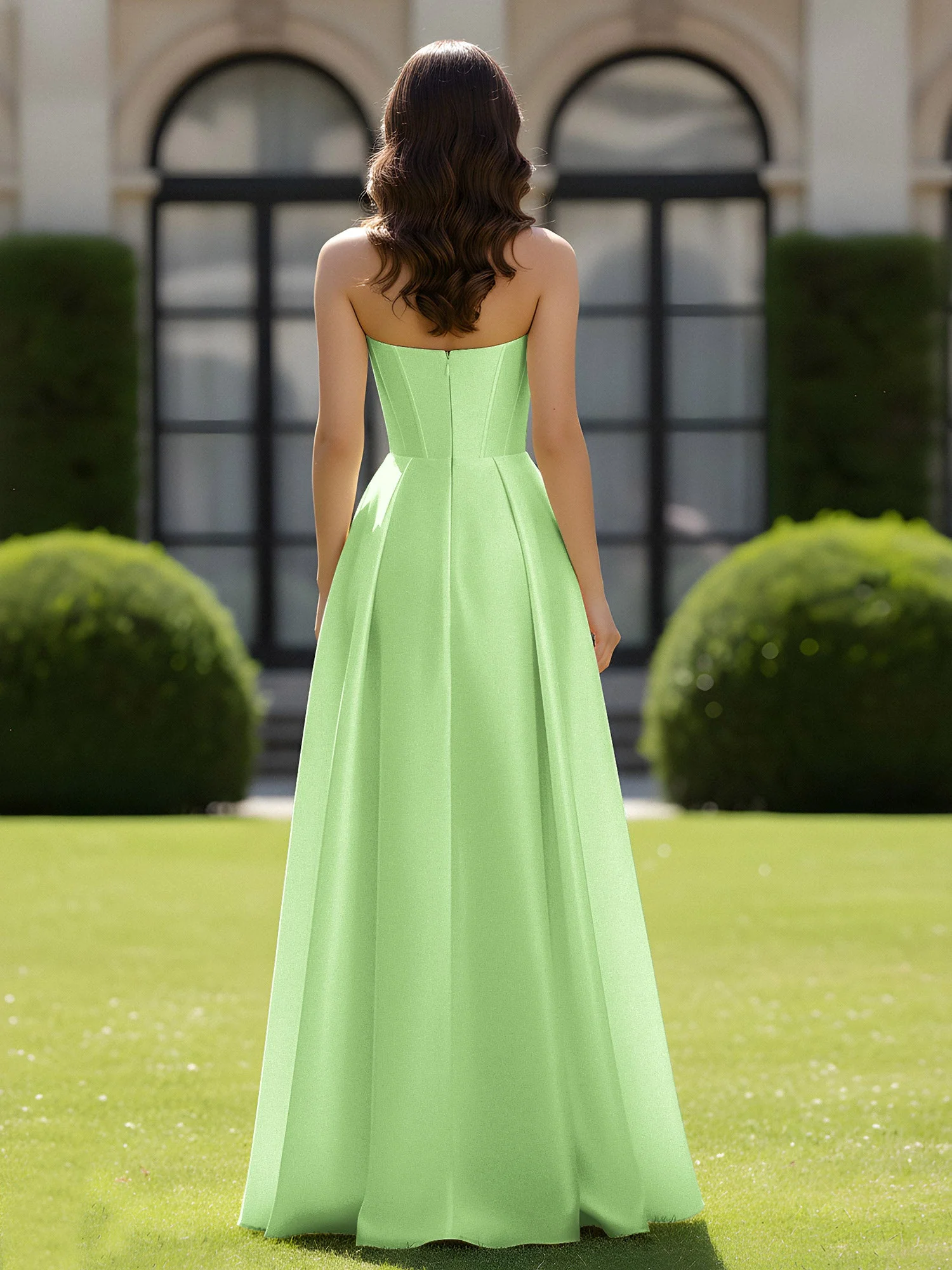 A-Linie Herzform Satin Reißverschluss Bodenlang Kleid Salbei - Image 2