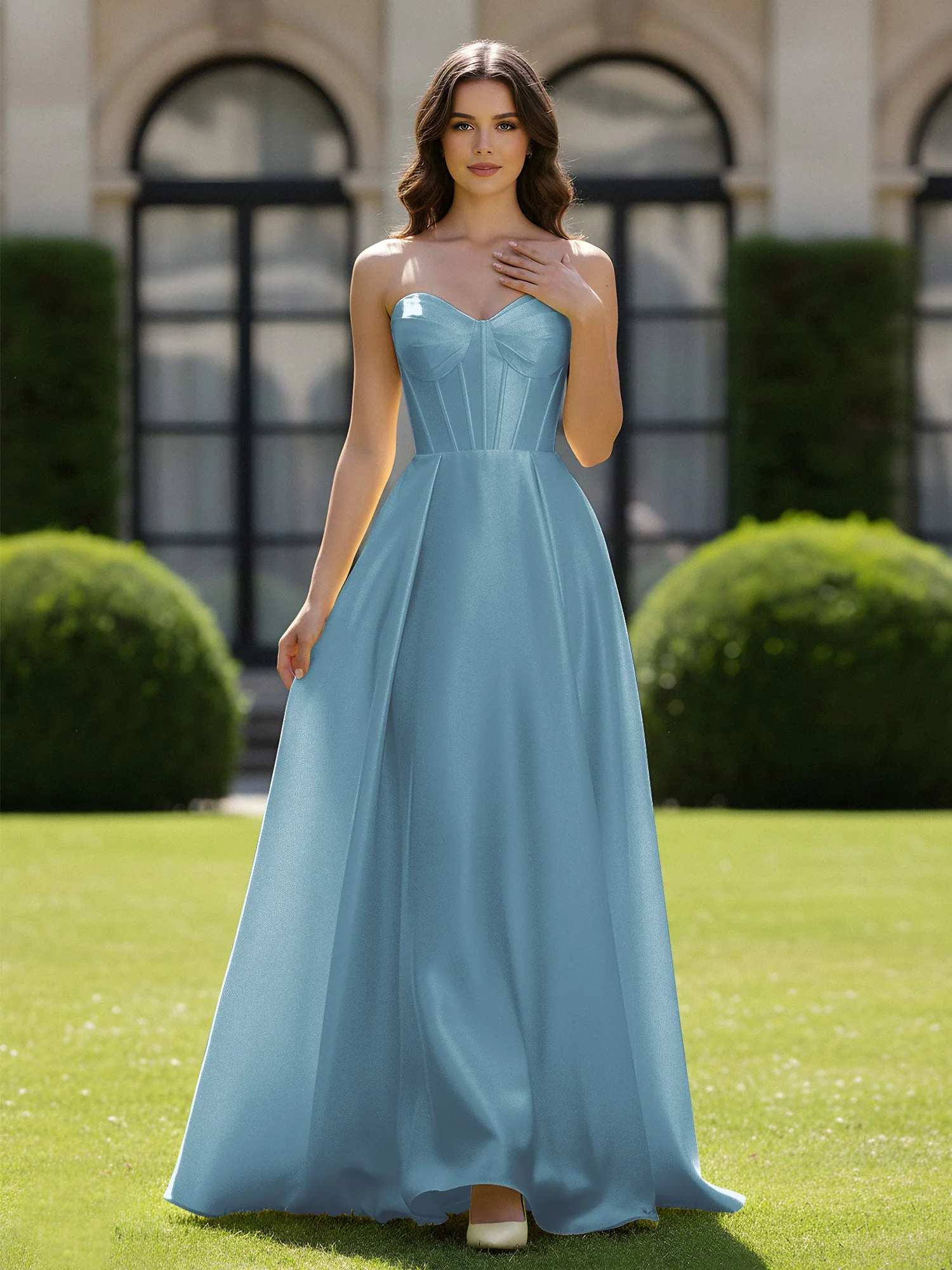 A-Linie Herzform Satin Reißverschluss Bodenlang Kleid Schiefer Blau