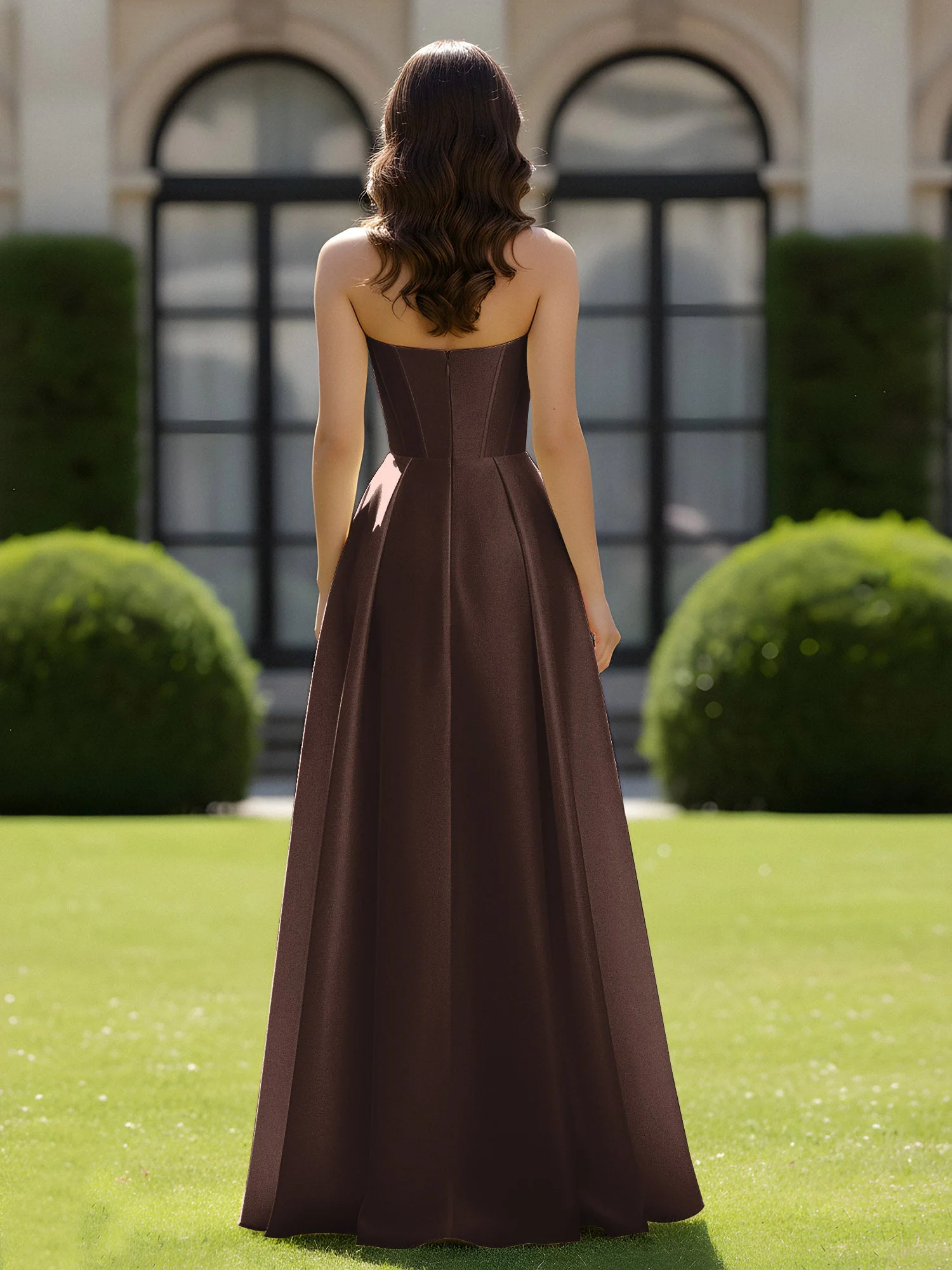 A-Linie Herzform Satin Reißverschluss Bodenlang Kleid Schokolade - Image 2