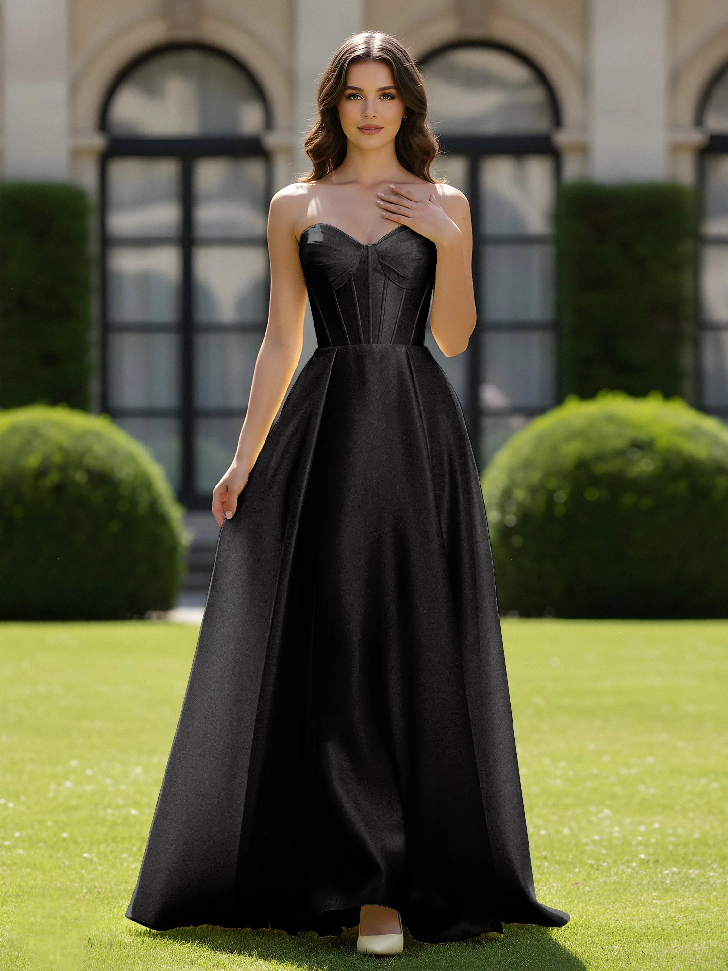 A-Linie Herzform Satin Reißverschluss Bodenlang Kleid Schwarz