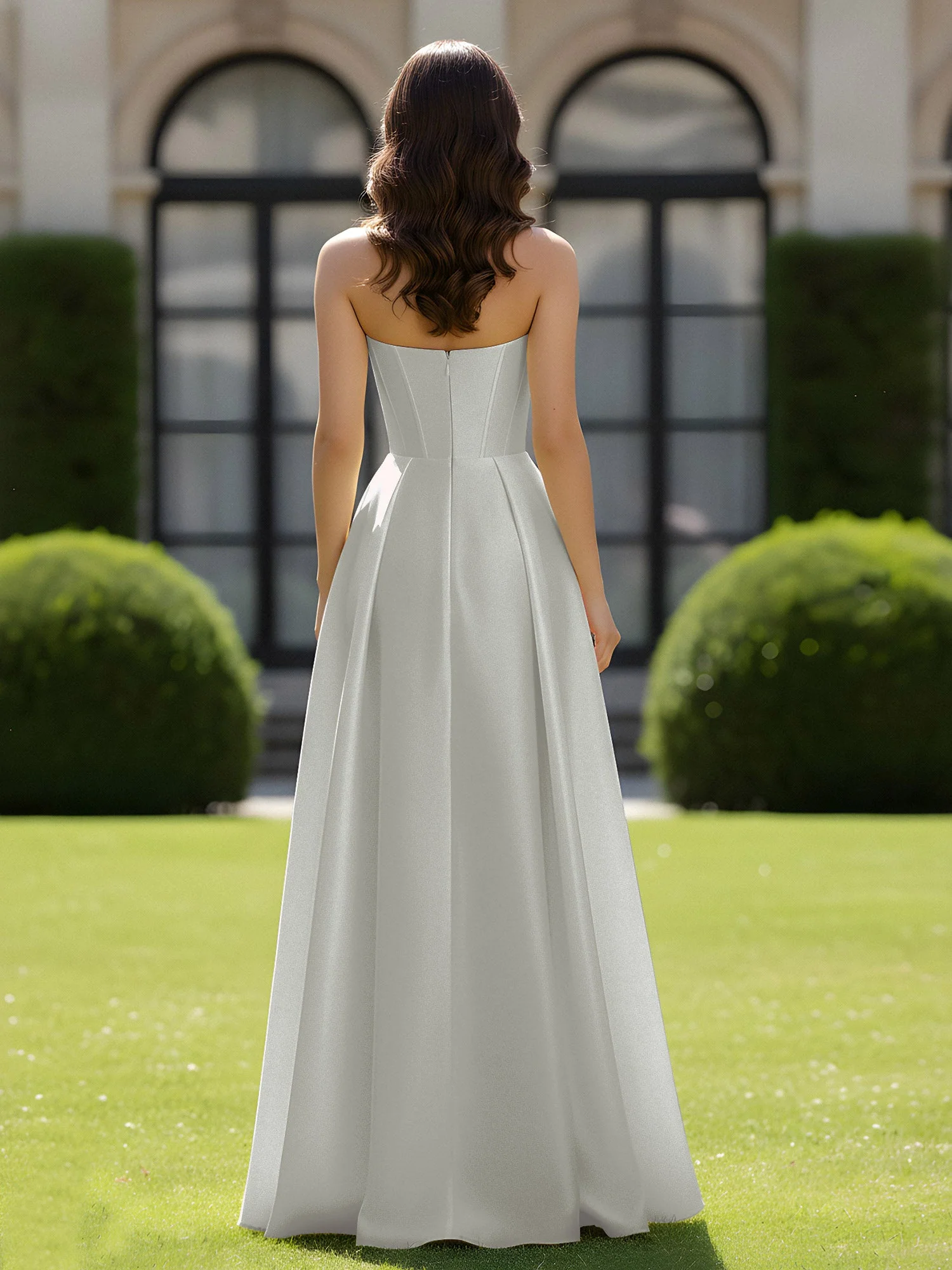 A-Linie Herzform Satin Reißverschluss Bodenlang Kleid Silber - Image 2