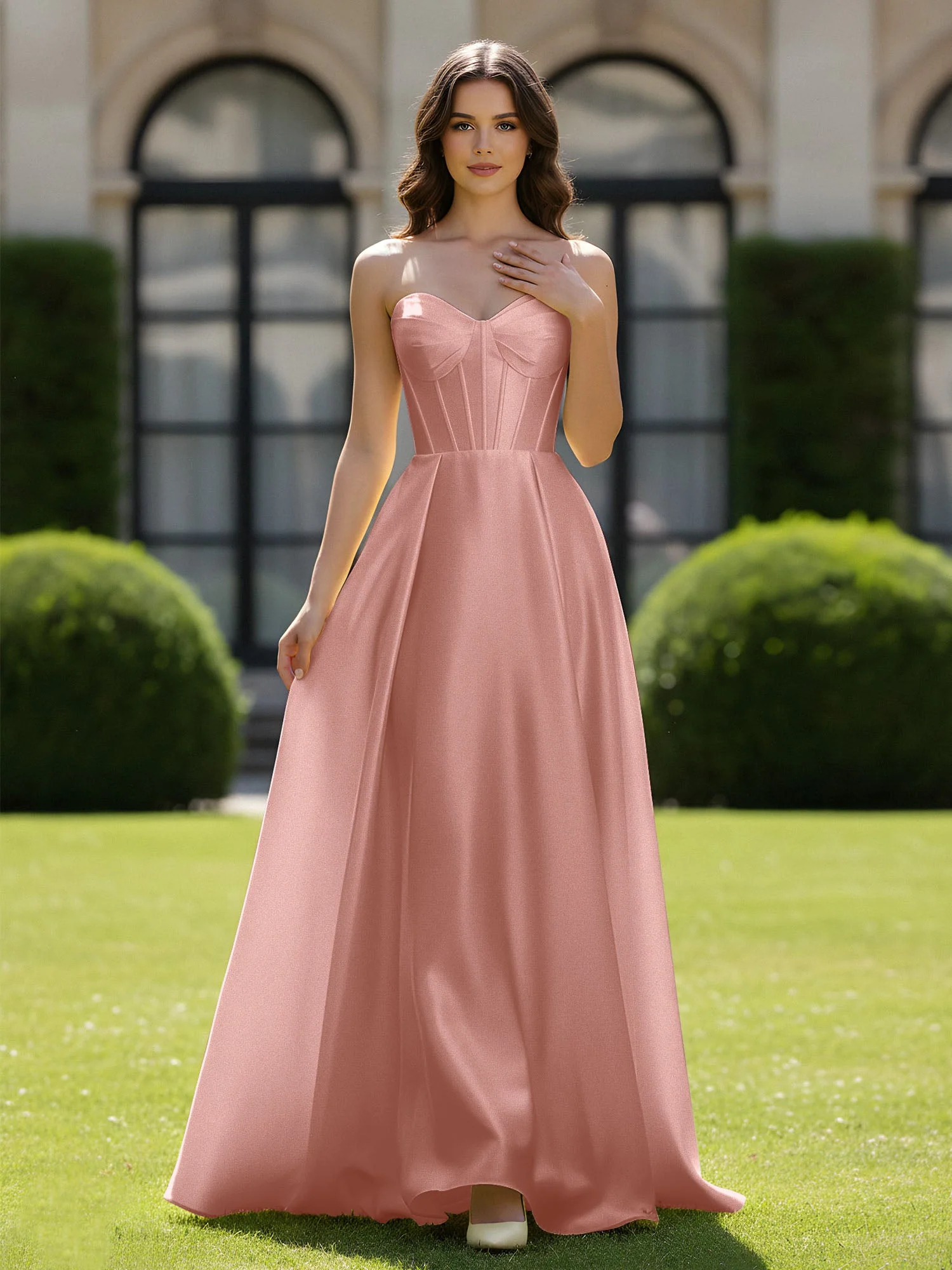 A-Linie Herzform Satin Reißverschluss Bodenlang Kleid Staubige Rosa