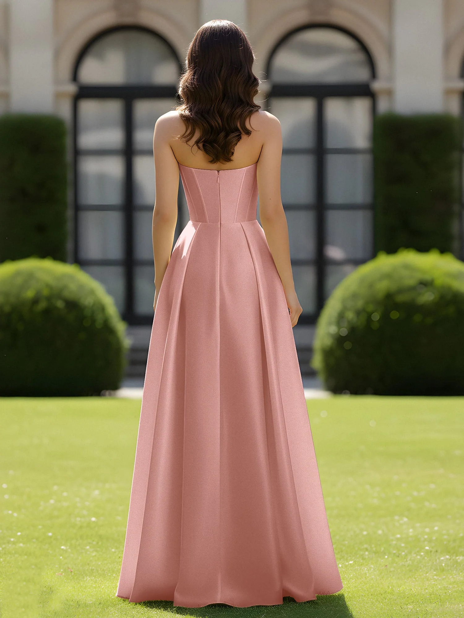 A-Linie Herzform Satin Reißverschluss Bodenlang Kleid Staubige Rosa - Image 2