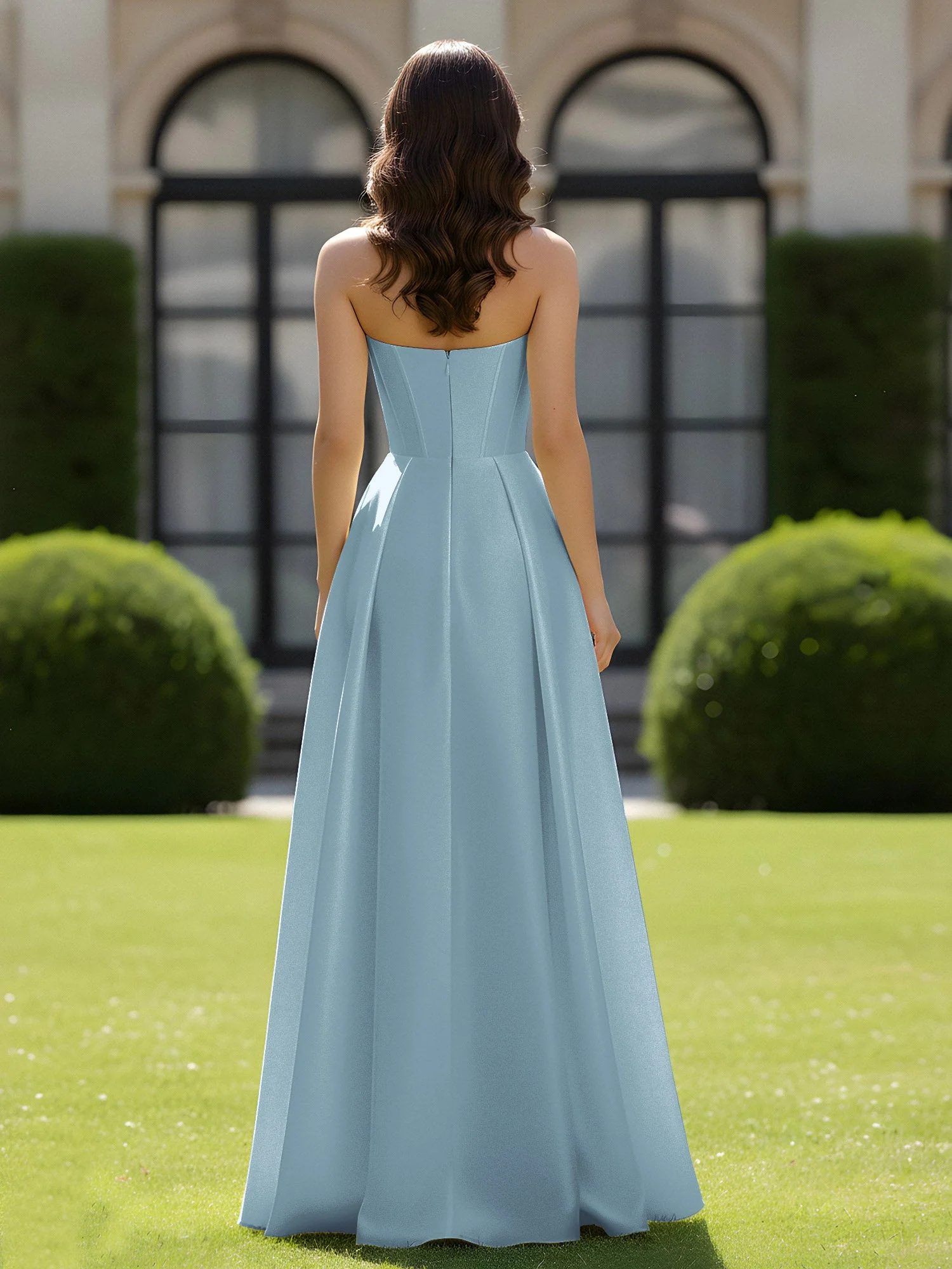 A-Linie Herzform Satin Reißverschluss Bodenlang Kleid Staubiges Blau - Image 2