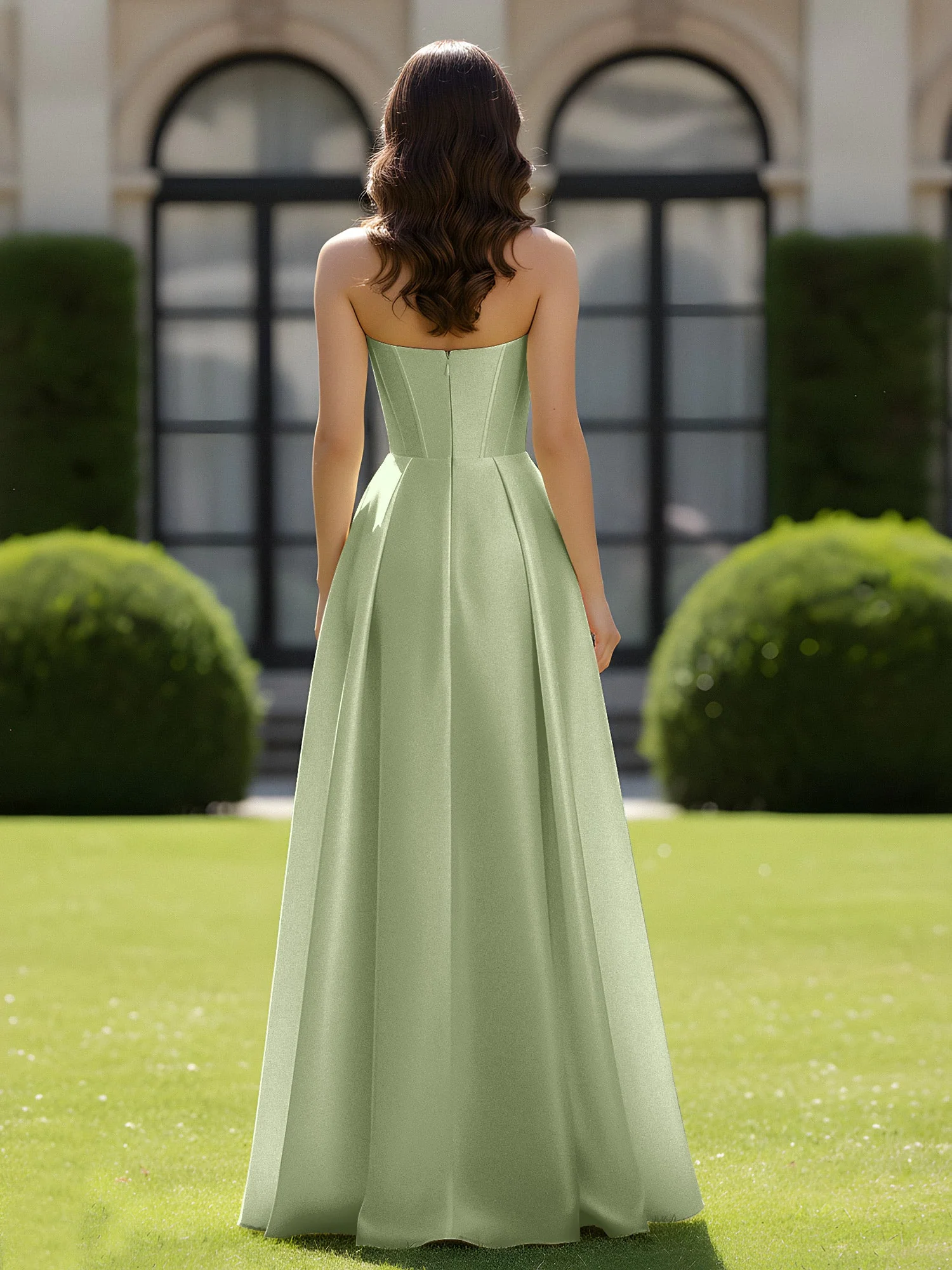 A-Linie Herzform Satin Reißverschluss Bodenlang Kleid Staubiges Salbei - Image 2