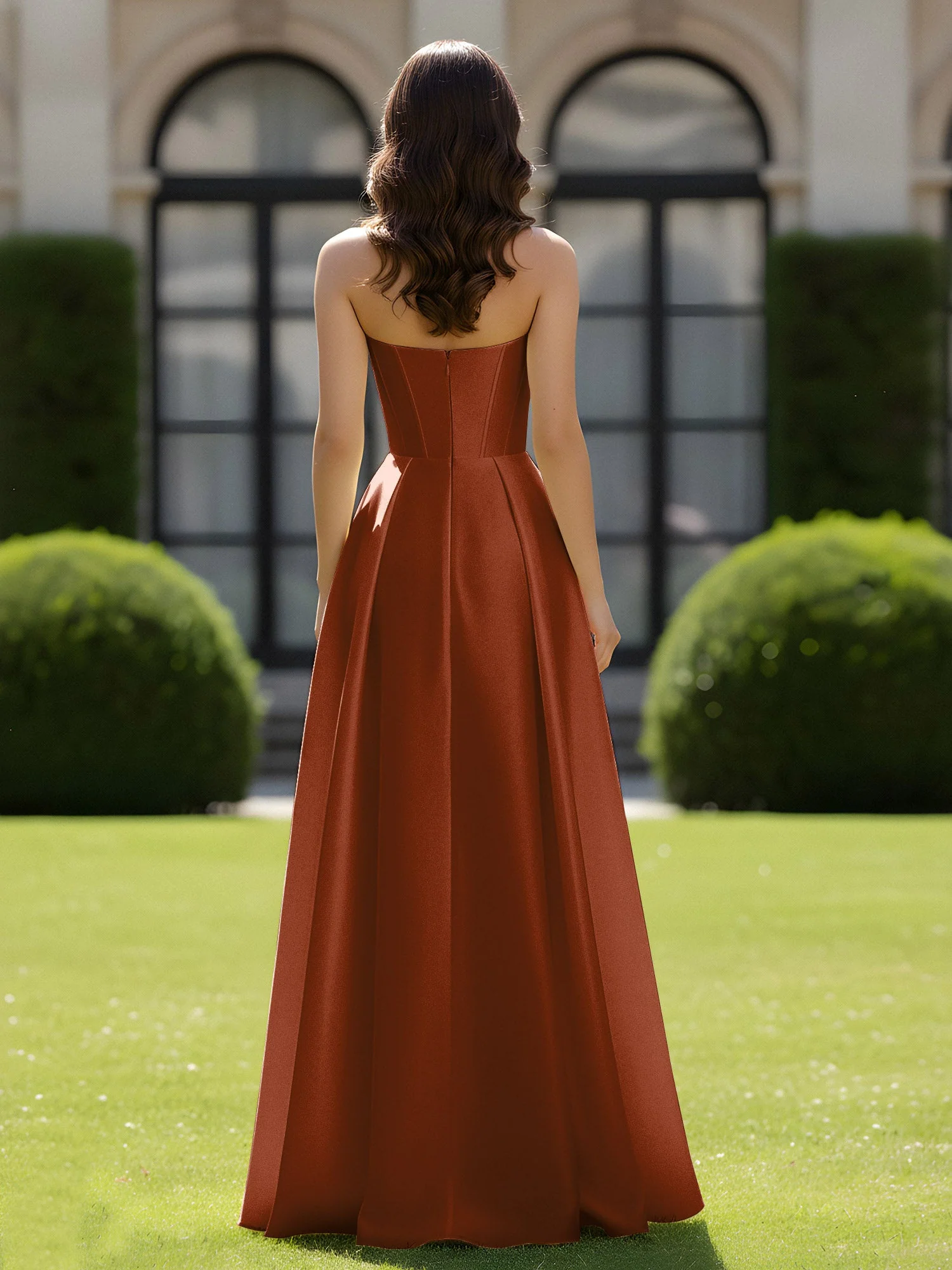 A-Linie Herzform Satin Reißverschluss Bodenlang Kleid Terrakotta - Image 2