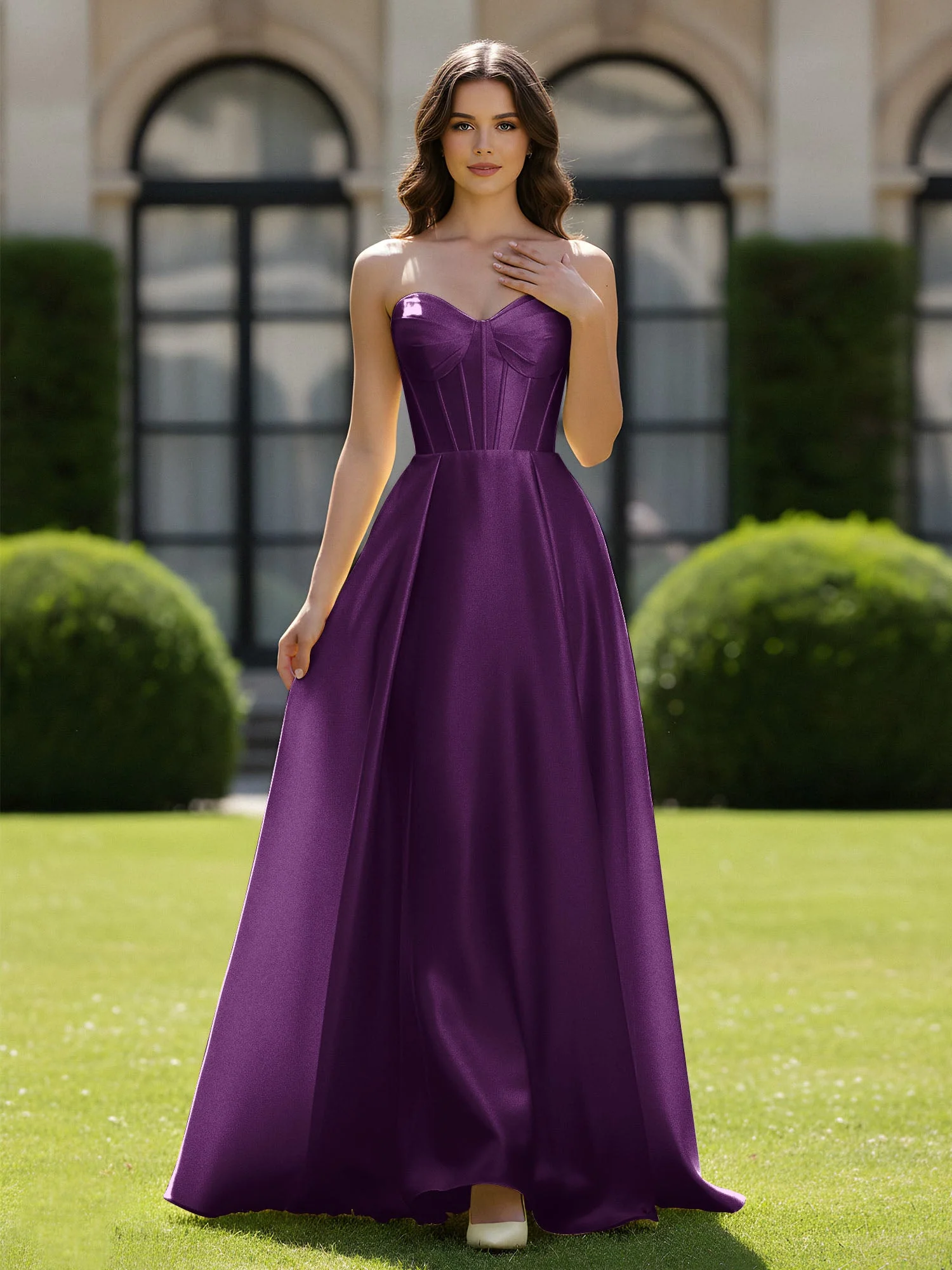 A-Linie Herzform Satin Reißverschluss Bodenlang Kleid Traube