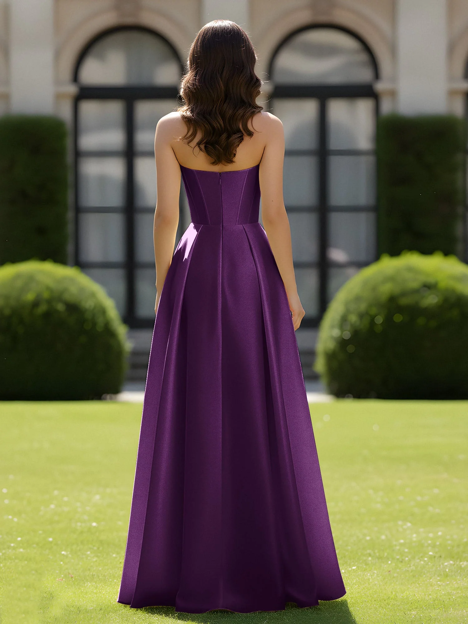 A-Linie Herzform Satin Reißverschluss Bodenlang Kleid Traube - Image 2