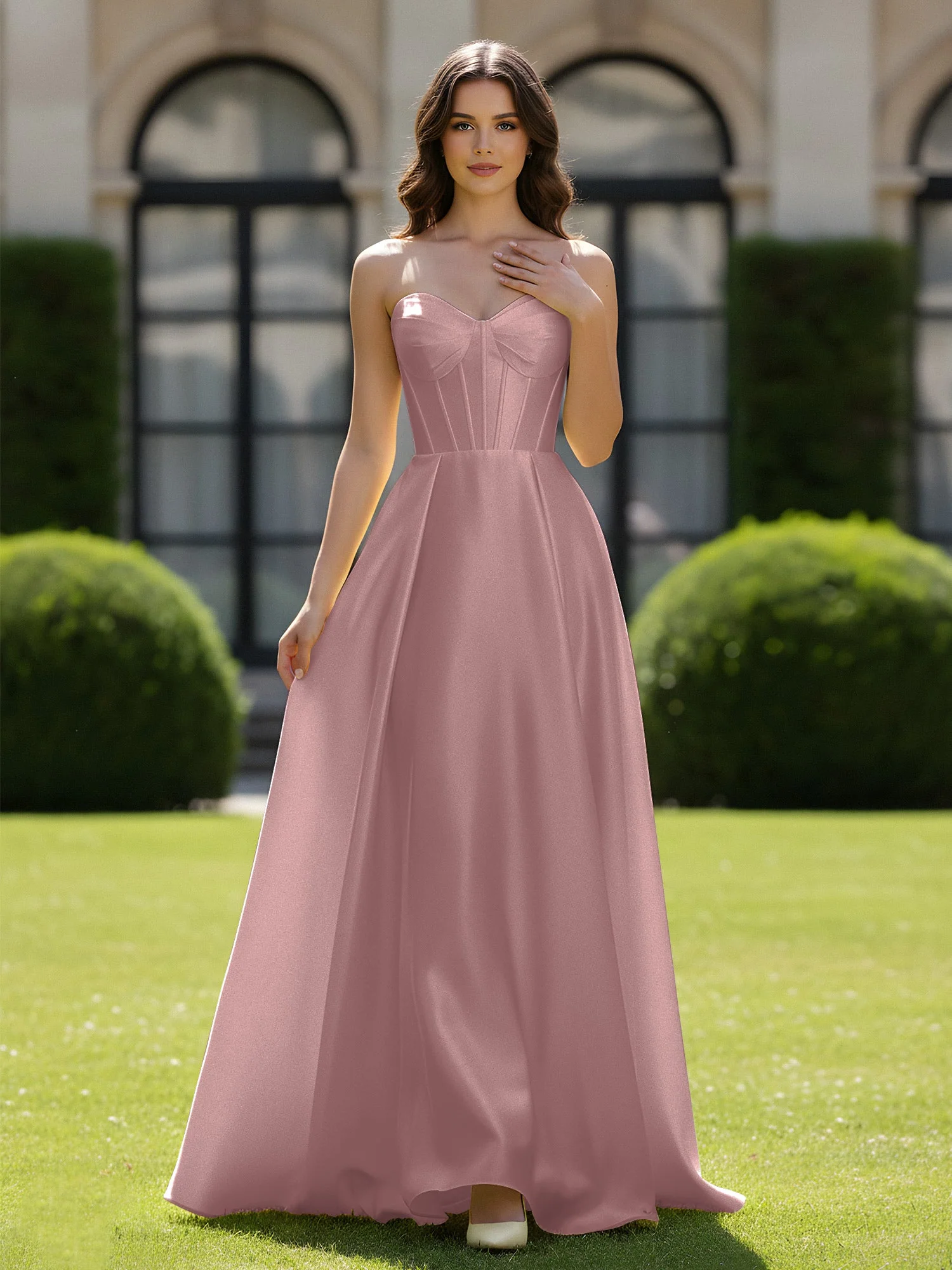 A-Linie Herzform Satin Reißverschluss Bodenlang Kleid Vintage Mauve