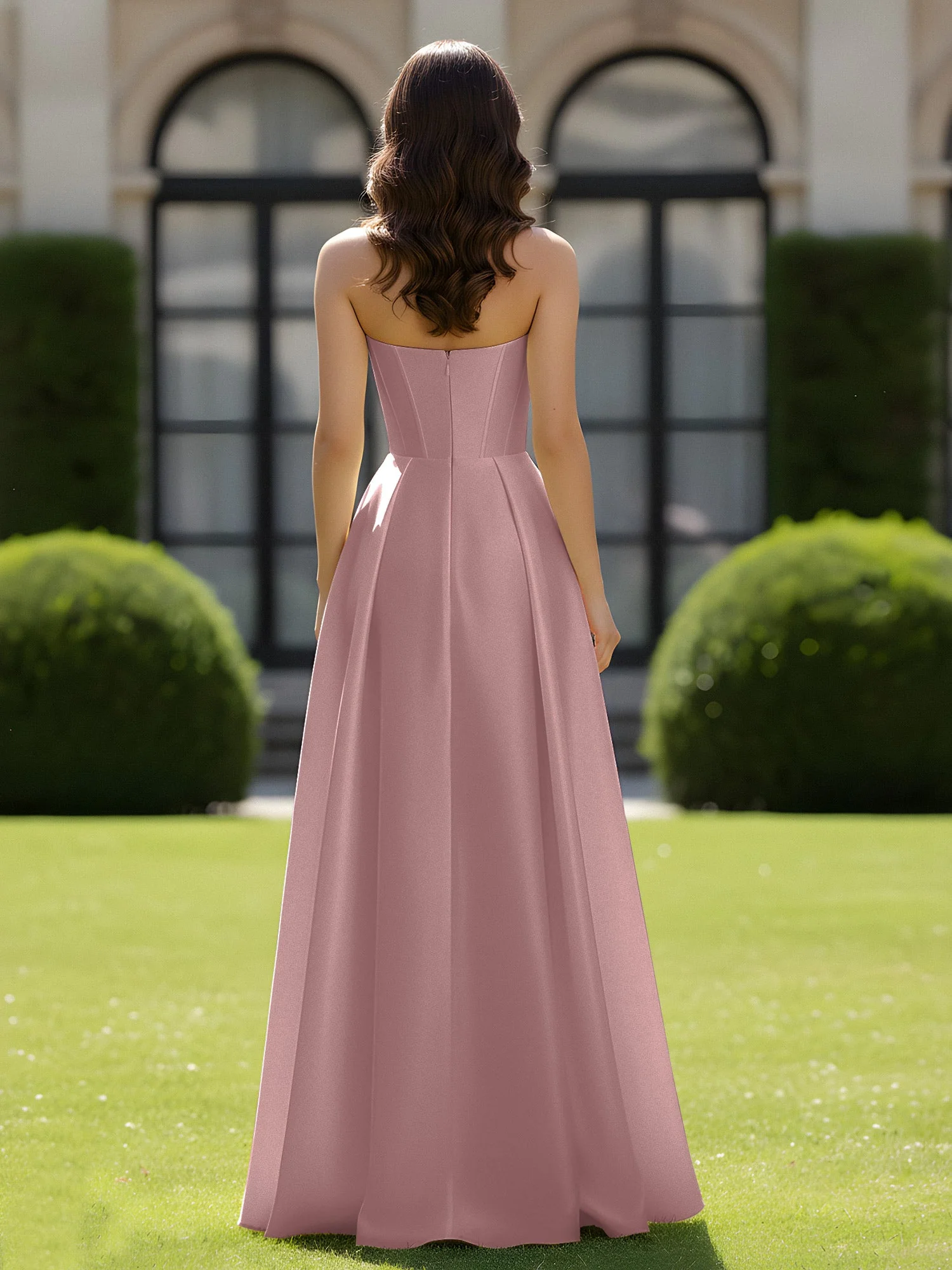 A-Linie Herzform Satin Reißverschluss Bodenlang Kleid Vintage Mauve - Image 2