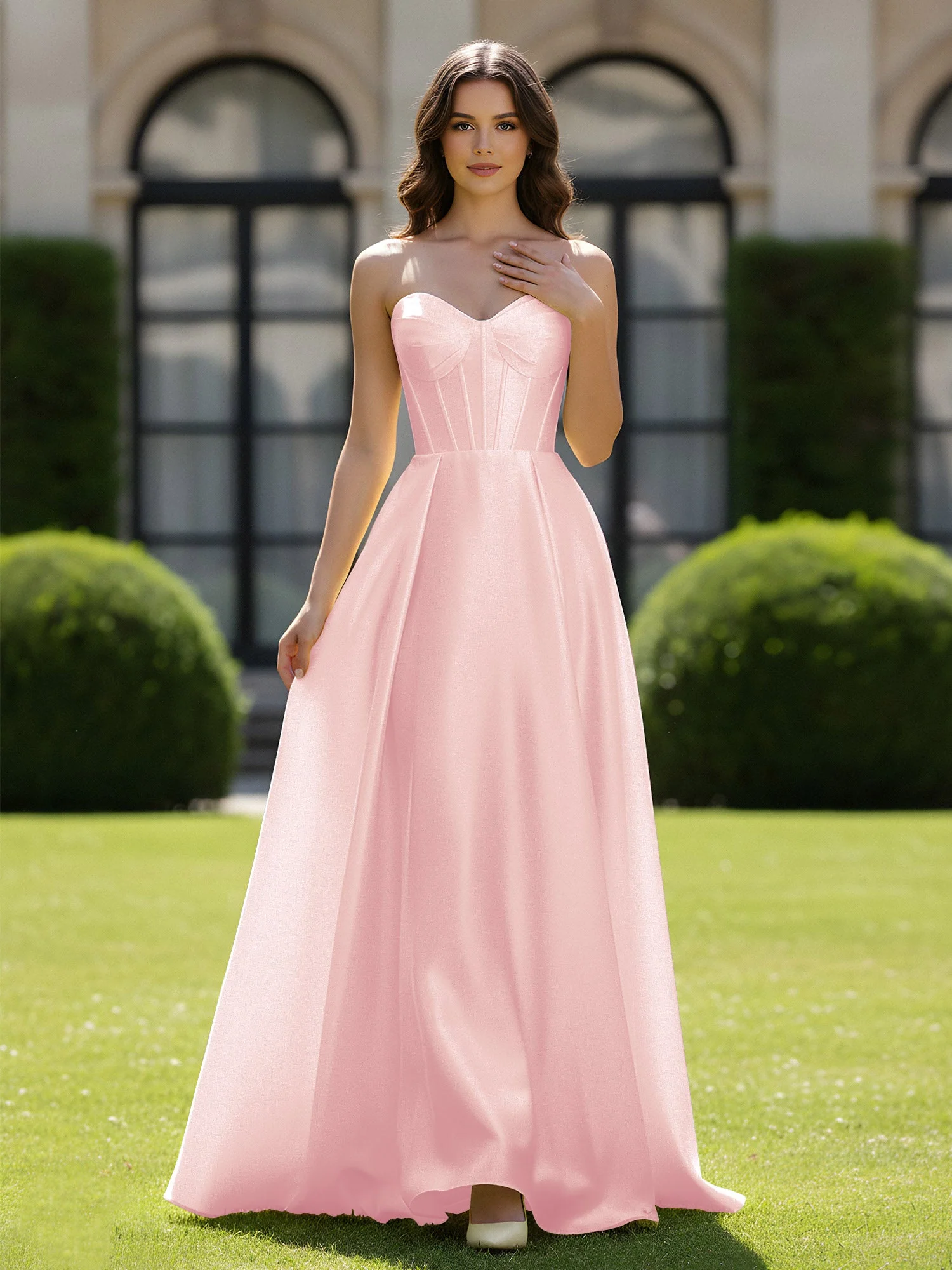 A-Linie Herzform Satin Reißverschluss Bodenlang Kleid Zartrosa