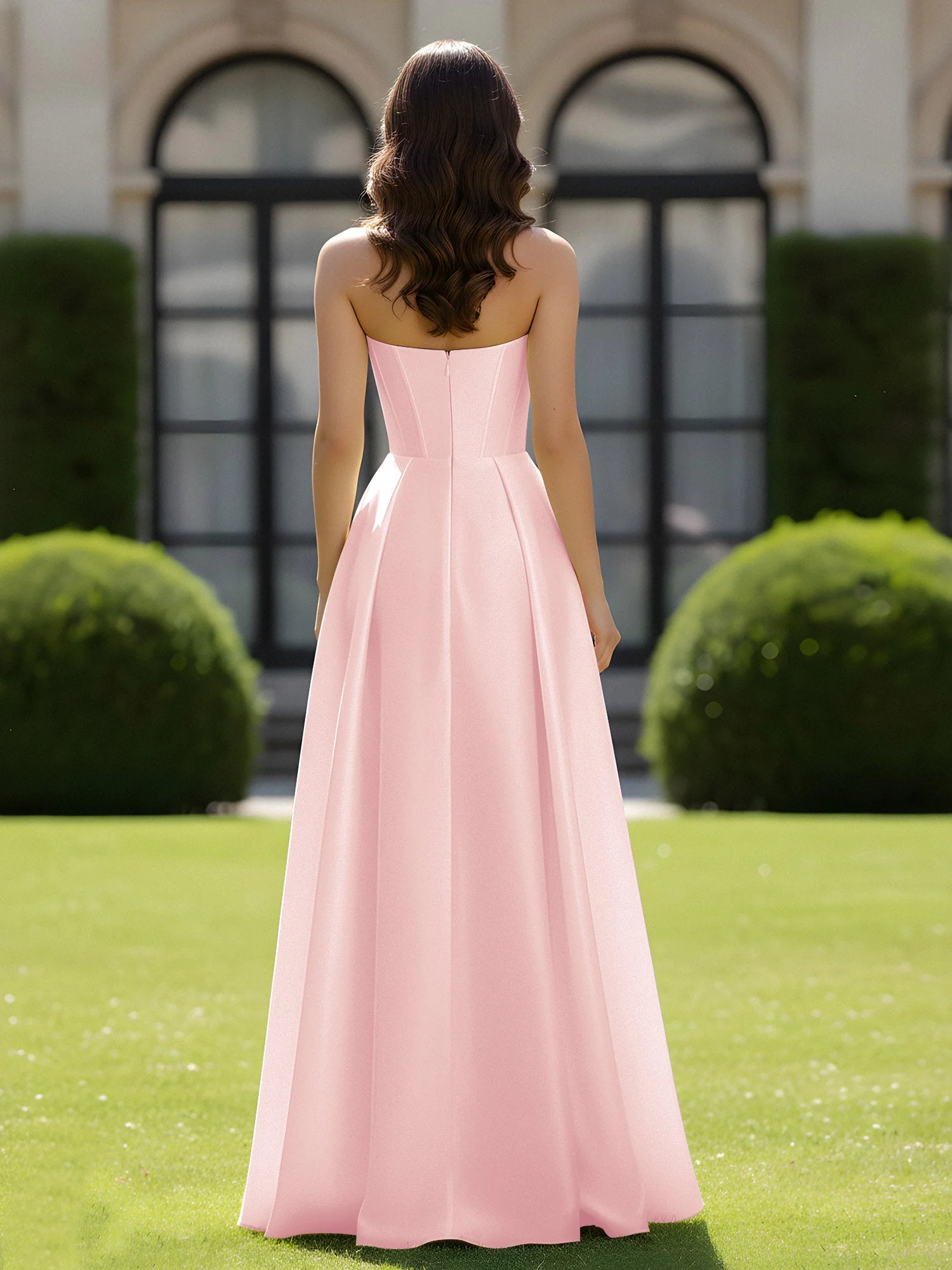 A-Linie Herzform Satin Reißverschluss Bodenlang Kleid Zartrosa - Image 2