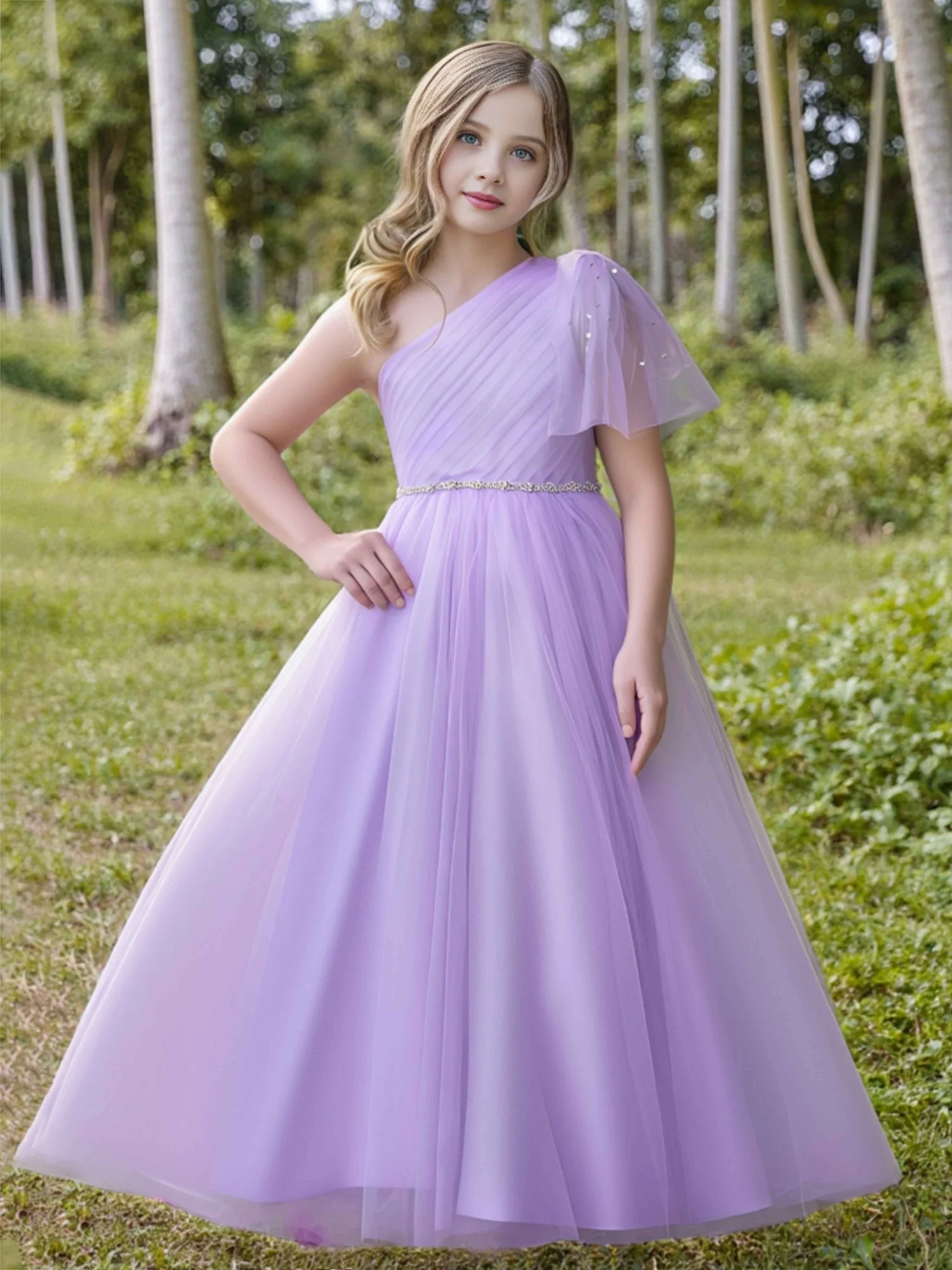 Perlen Taille Tüll Formell Blumenmädchen Kleid Lila