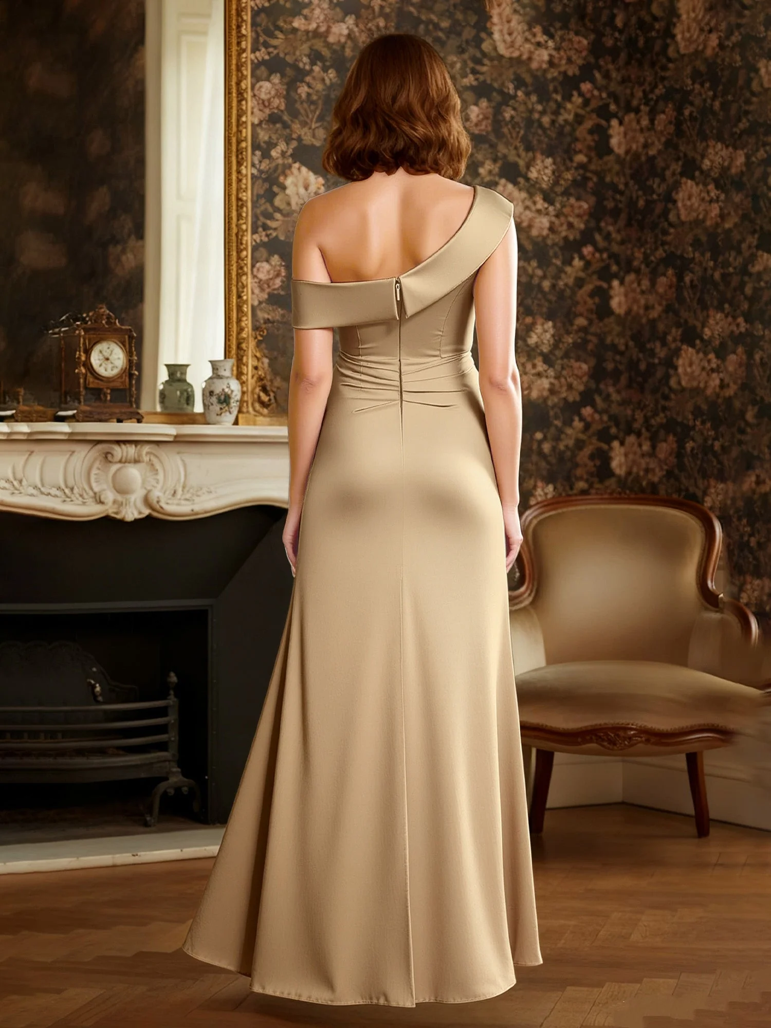 Schulterfrei Etui Rüschen Bodenlang Kleid Champagner - Image 2