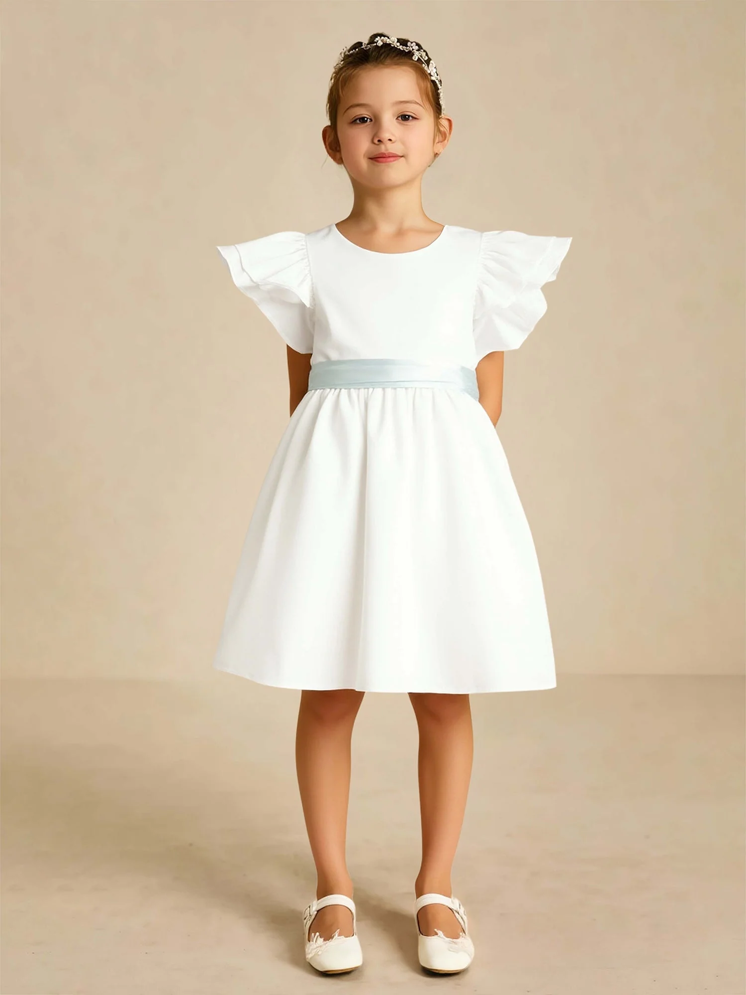 Scoop Ausschnitt Knielang Blumenmädchen Kleid mit Schleife Weiß