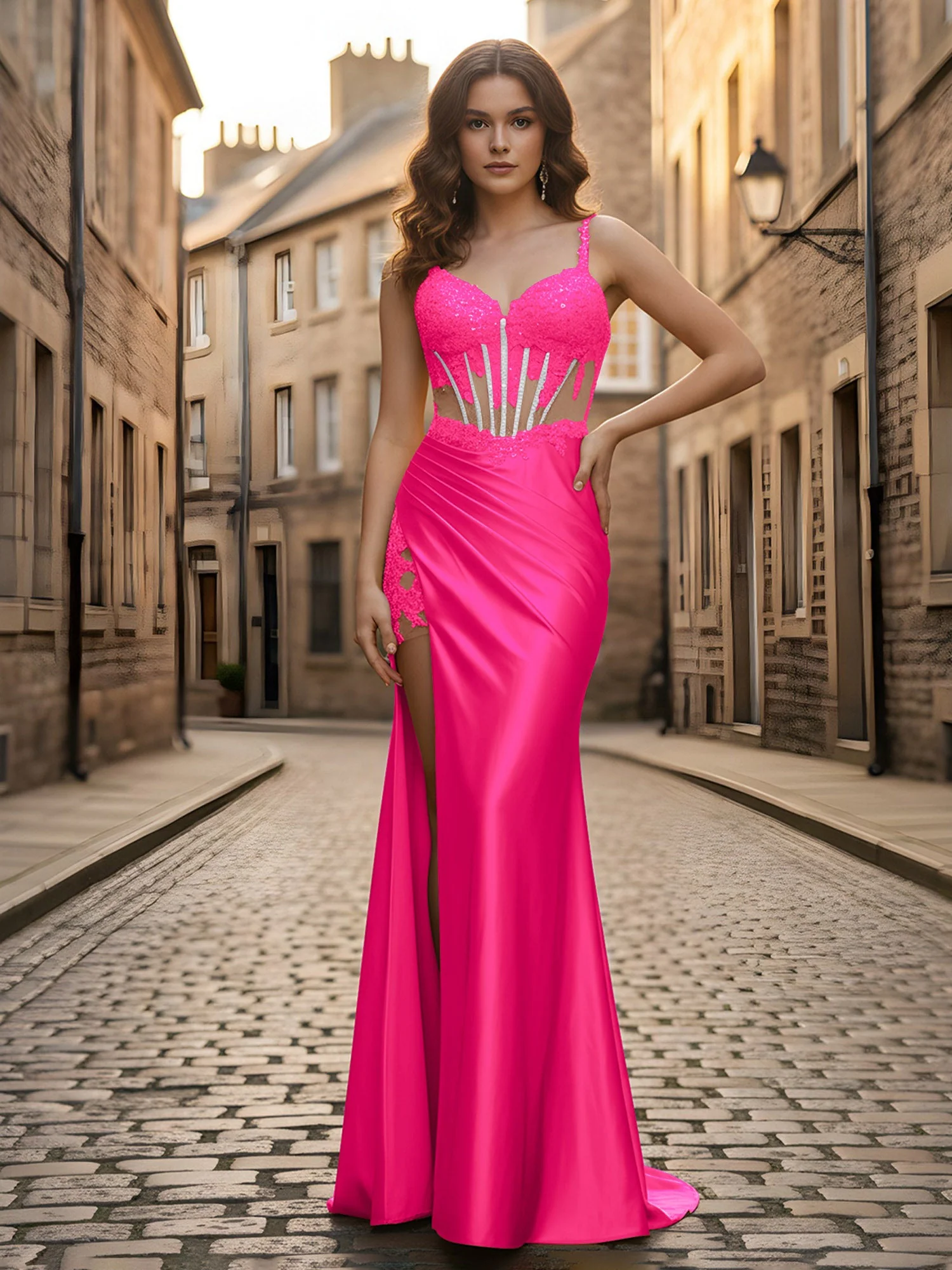 Herzform Spitze Pailletten Etui Kleid mit Schlitz Fuchsia