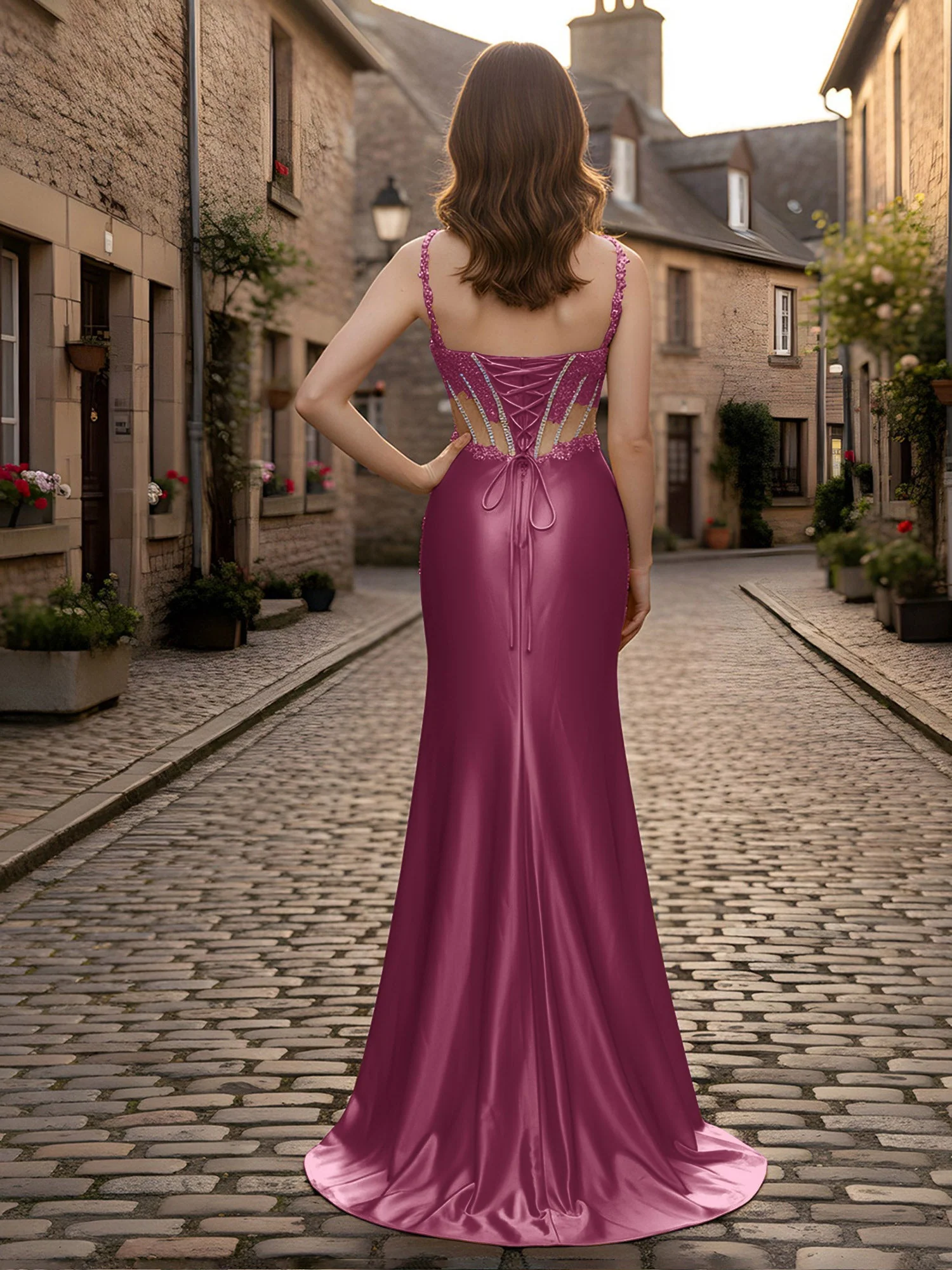 Herzform Spitze Pailletten Etui Kleid mit Schlitz Maulbeere - Image 2