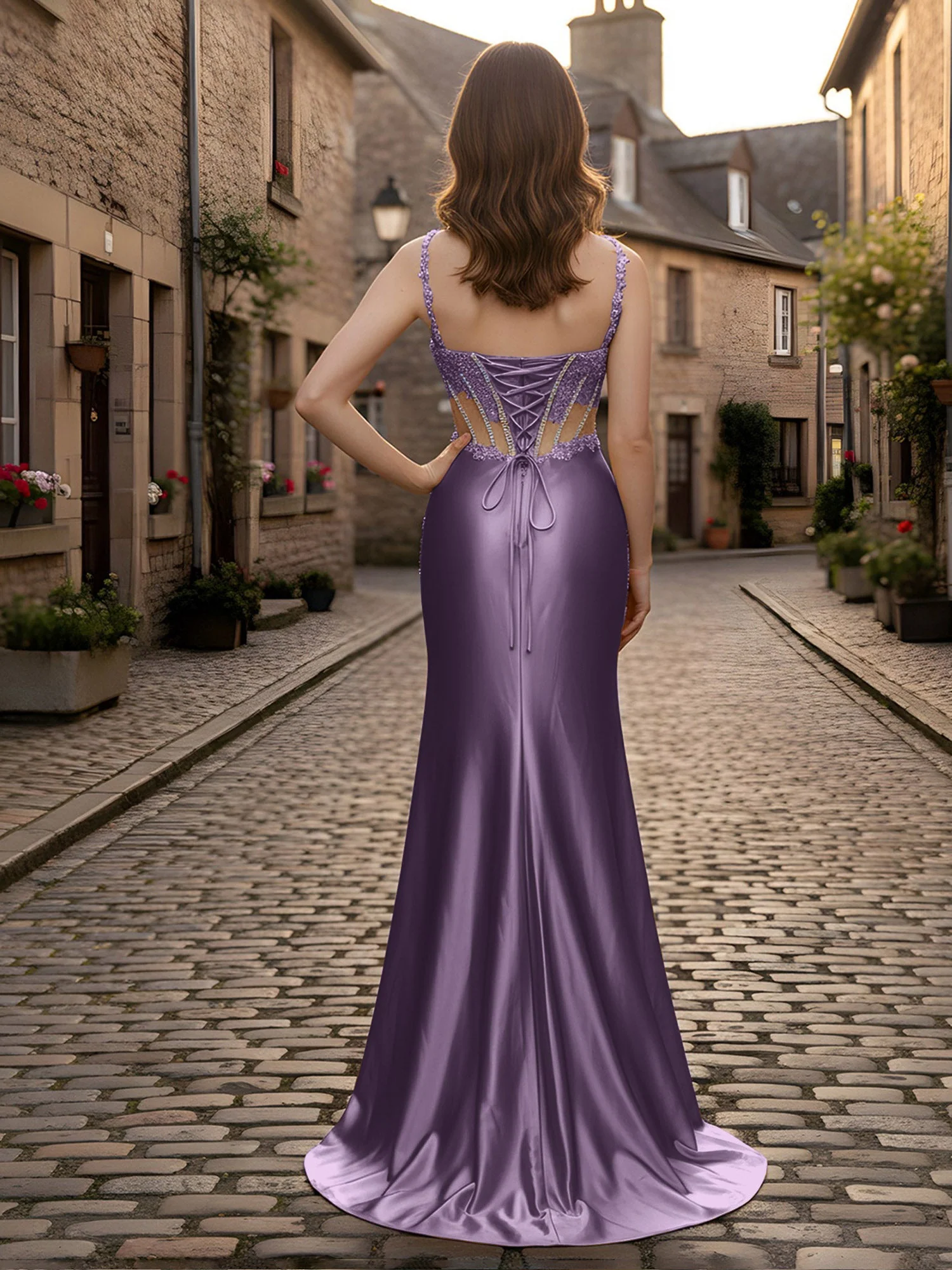 Herzform Spitze Pailletten Etui Kleid mit Schlitz Plum - Image 2