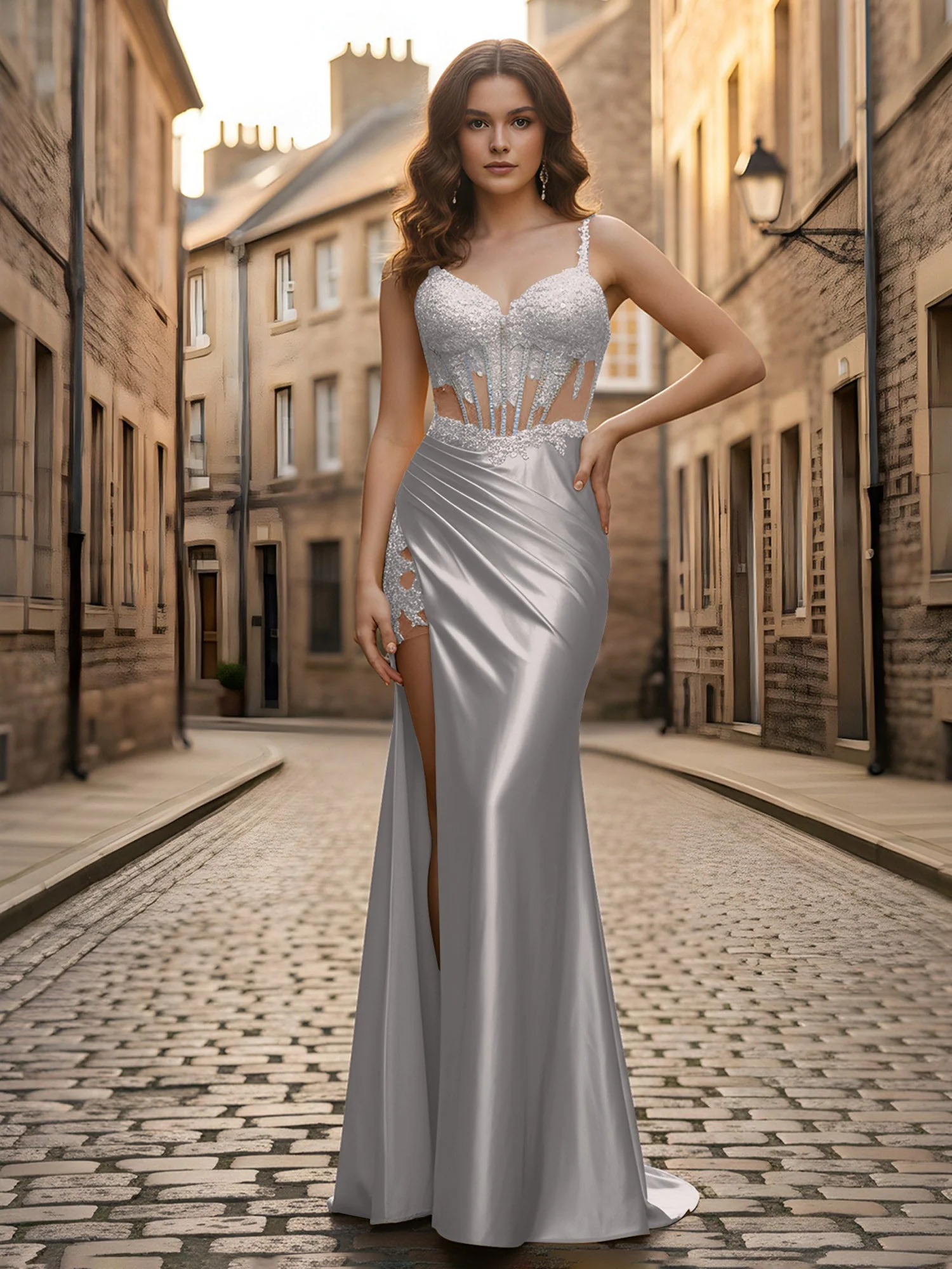 Herzform Spitze Pailletten Etui Kleid mit Schlitz Silber