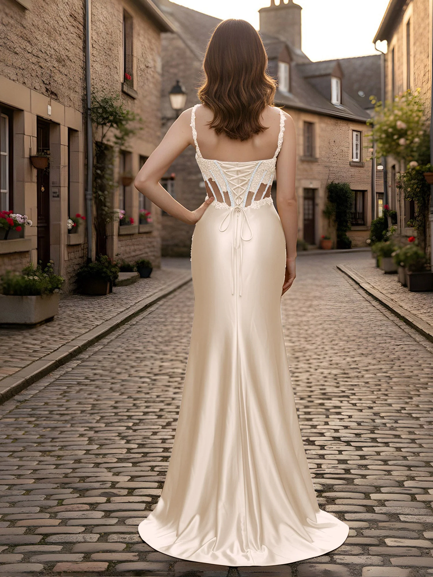 Herzform Spitze Pailletten Etui Kleid mit Schlitz Taupe - Image 2