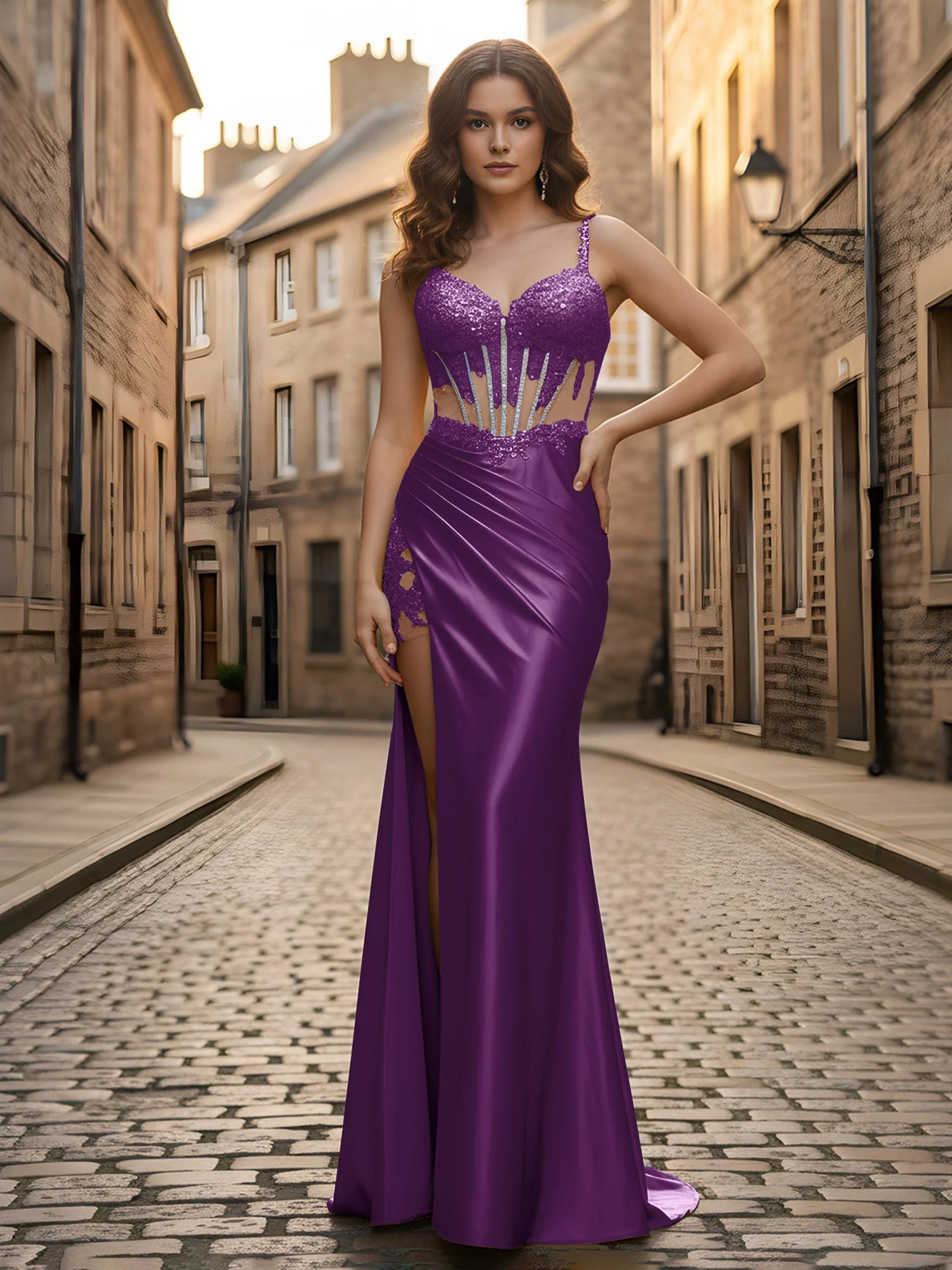 Herzform Spitze Pailletten Etui Kleid mit Schlitz Traube