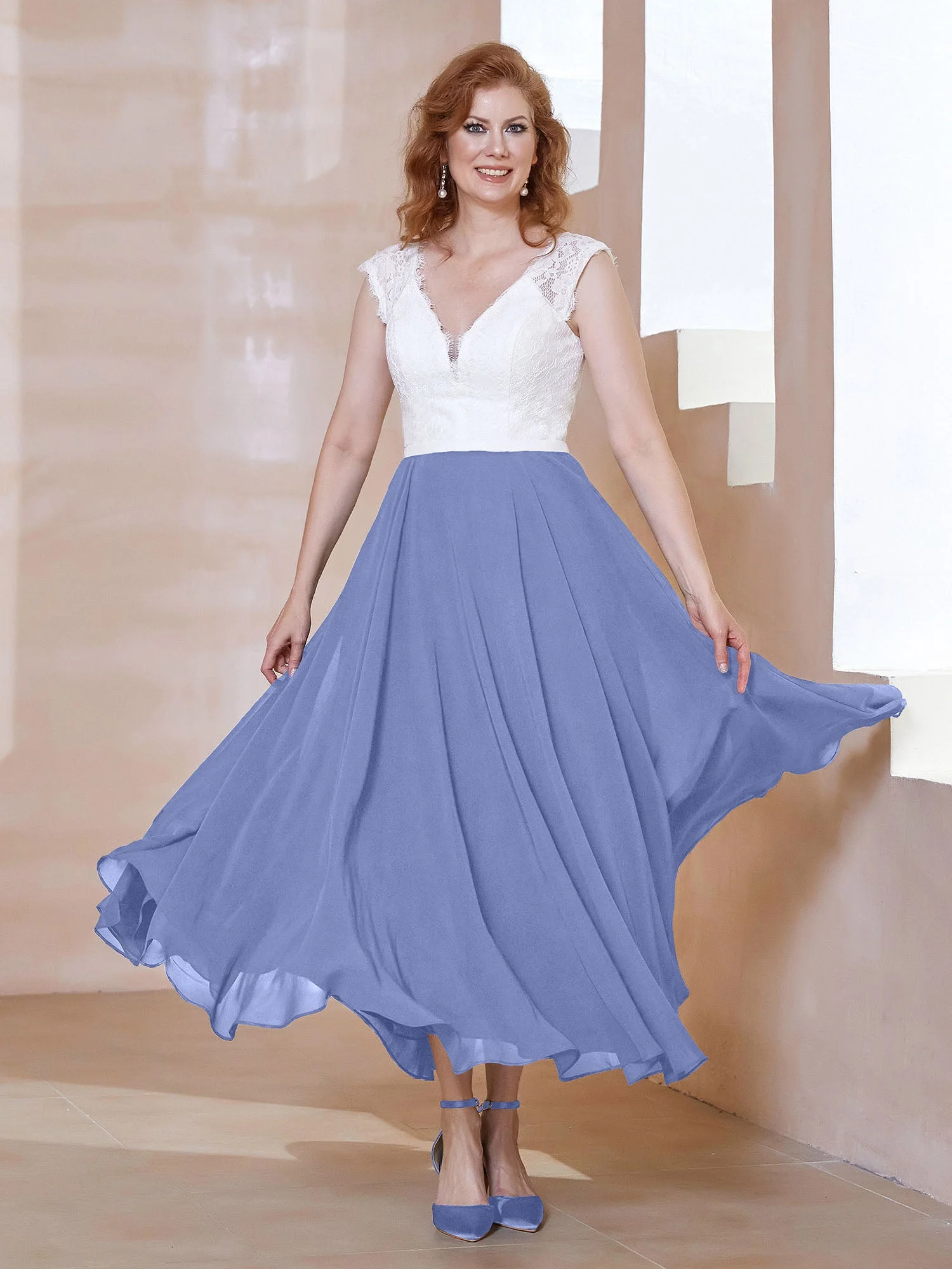 Tief V-Ausschnitt Ärmellos Chiffon Kleid mit Taschen Periwinkleblau