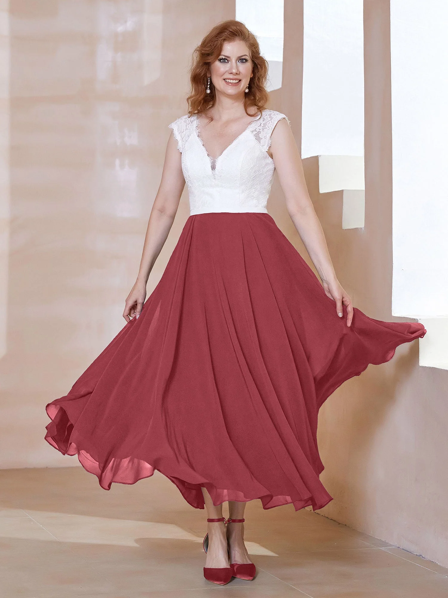 Tief V-Ausschnitt Ärmellos Chiffon Kleid mit Taschen Zimtrose Übergröße