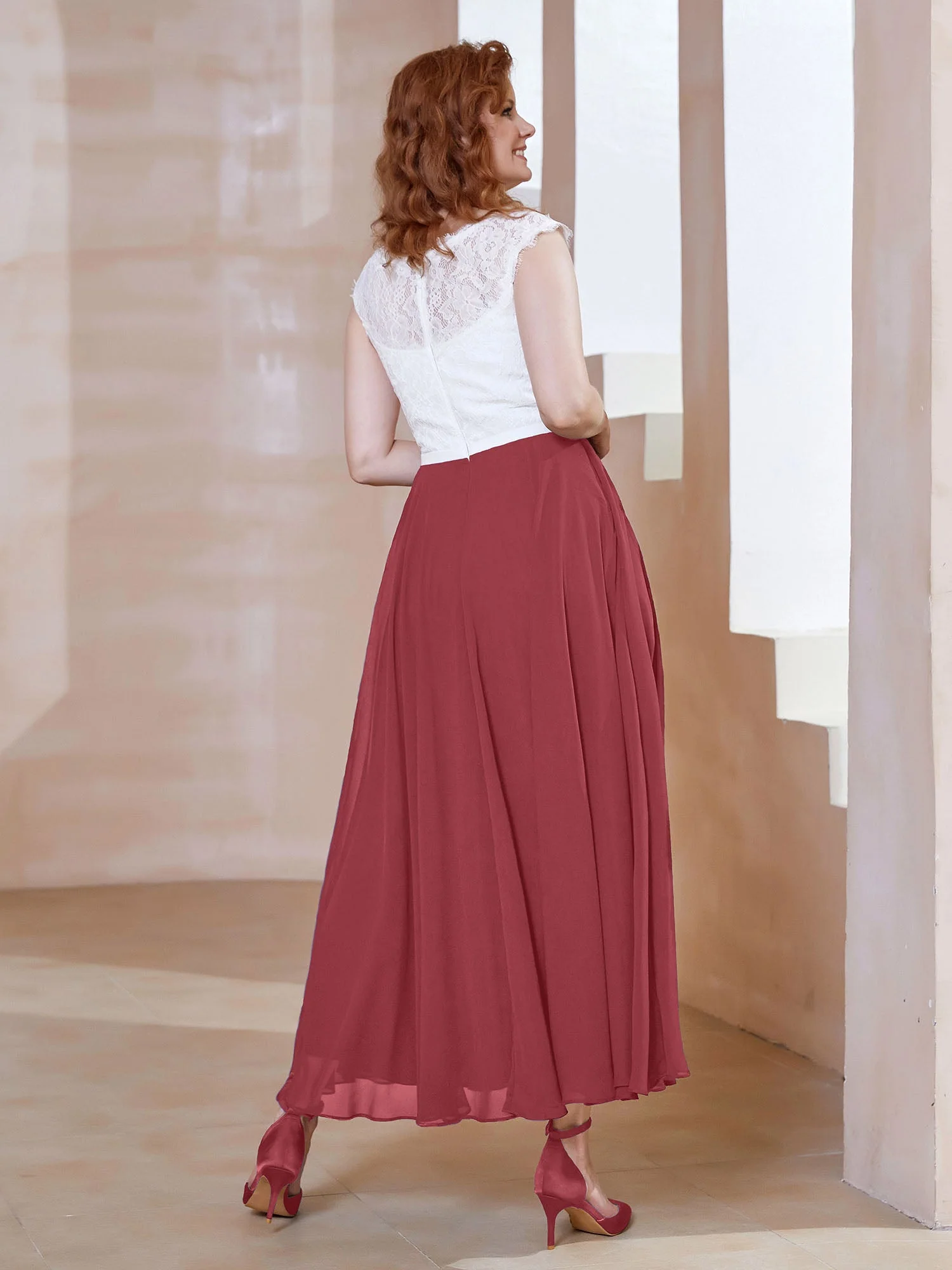 Tief V-Ausschnitt Ärmellos Chiffon Kleid mit Taschen Zimtrose Übergröße - Image 2