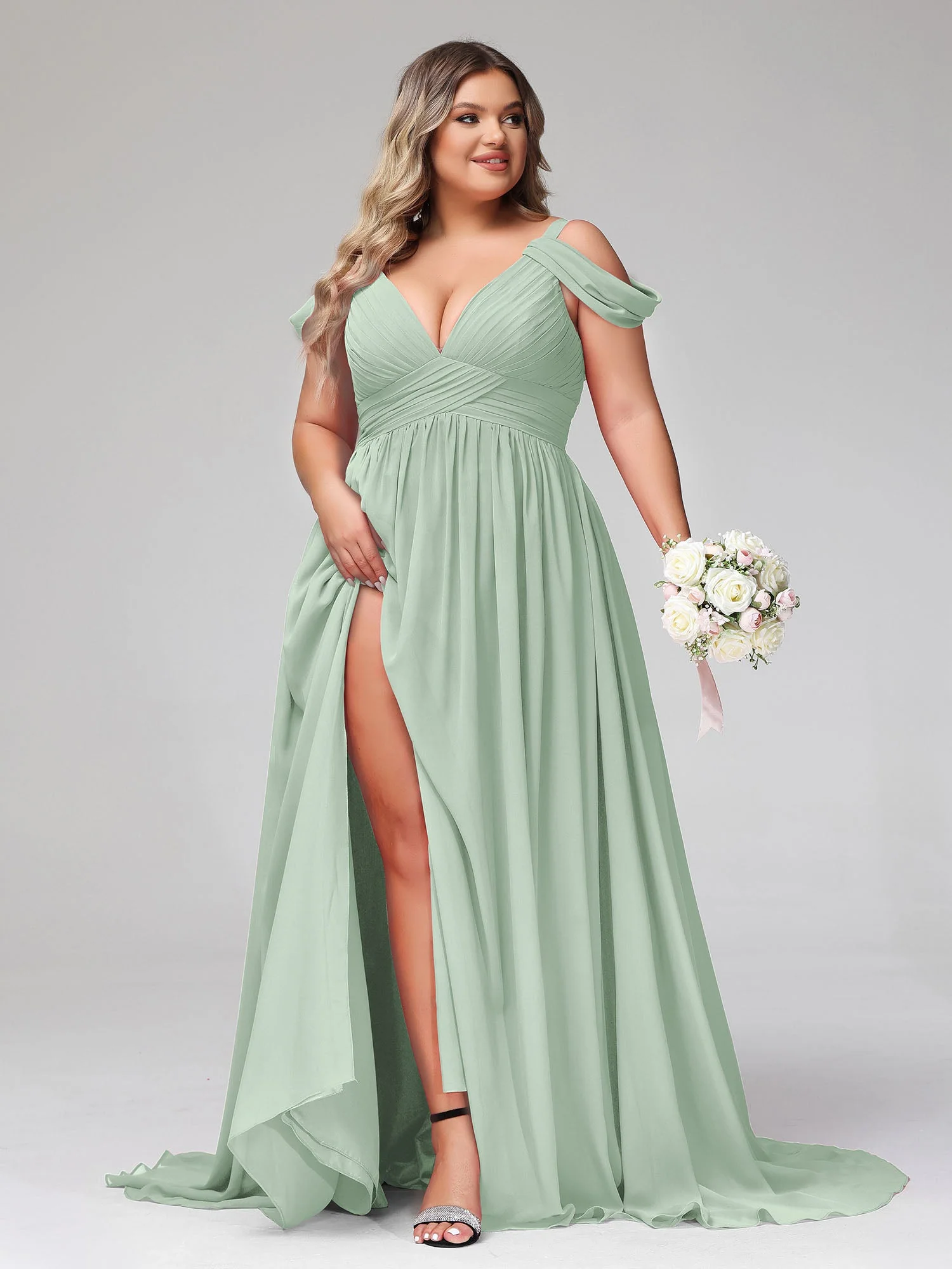 Tief V-Ausschnitt Sexy Chiffon Kleid mit Schlitz Agavengrün - Image 10