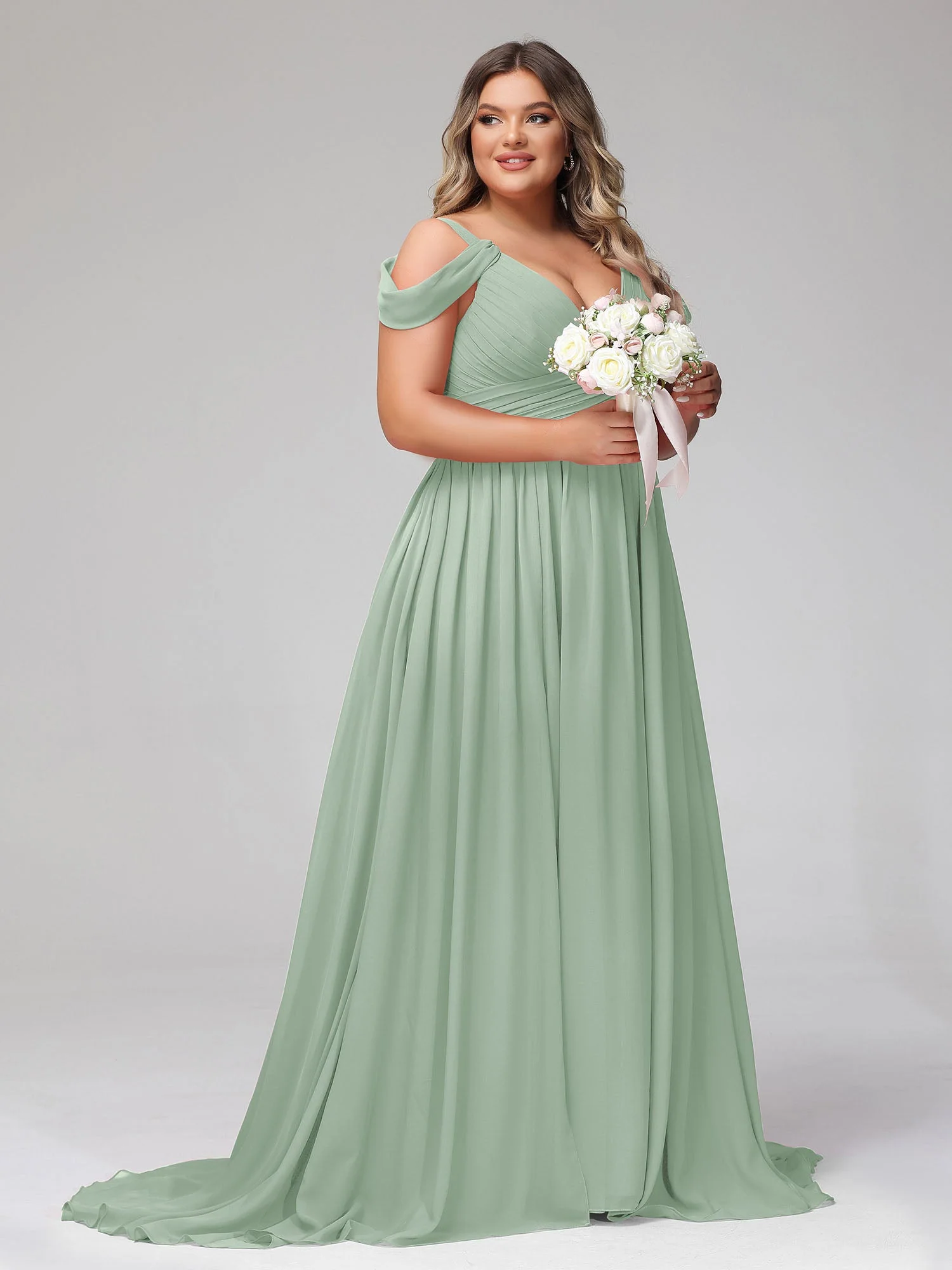 Tief V-Ausschnitt Sexy Chiffon Kleid mit Schlitz Agavengrün - Image 11