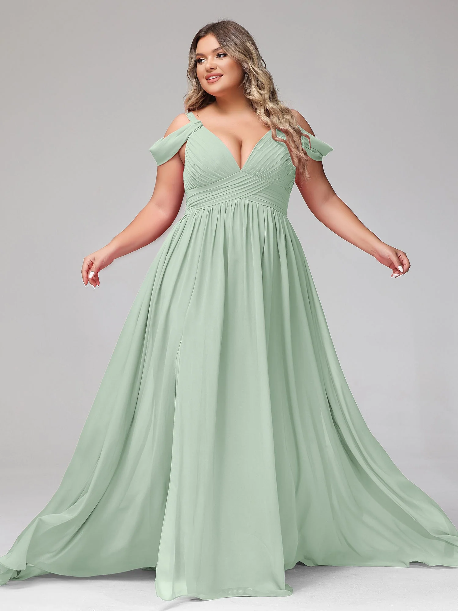 Tief V-Ausschnitt Sexy Chiffon Kleid mit Schlitz Agavengrün - Image 12