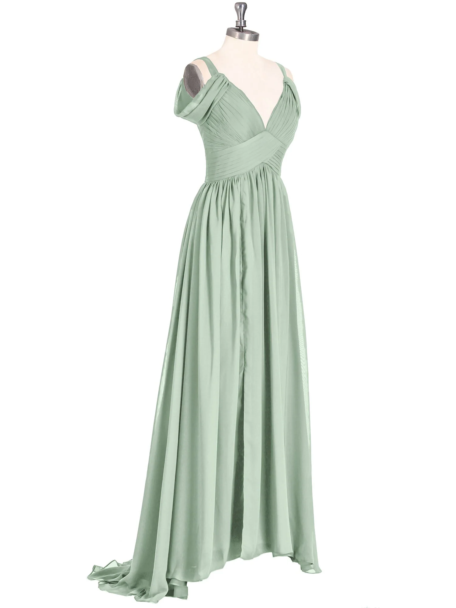 Tief V-Ausschnitt Sexy Chiffon Kleid mit Schlitz Agavengrün - Image 6