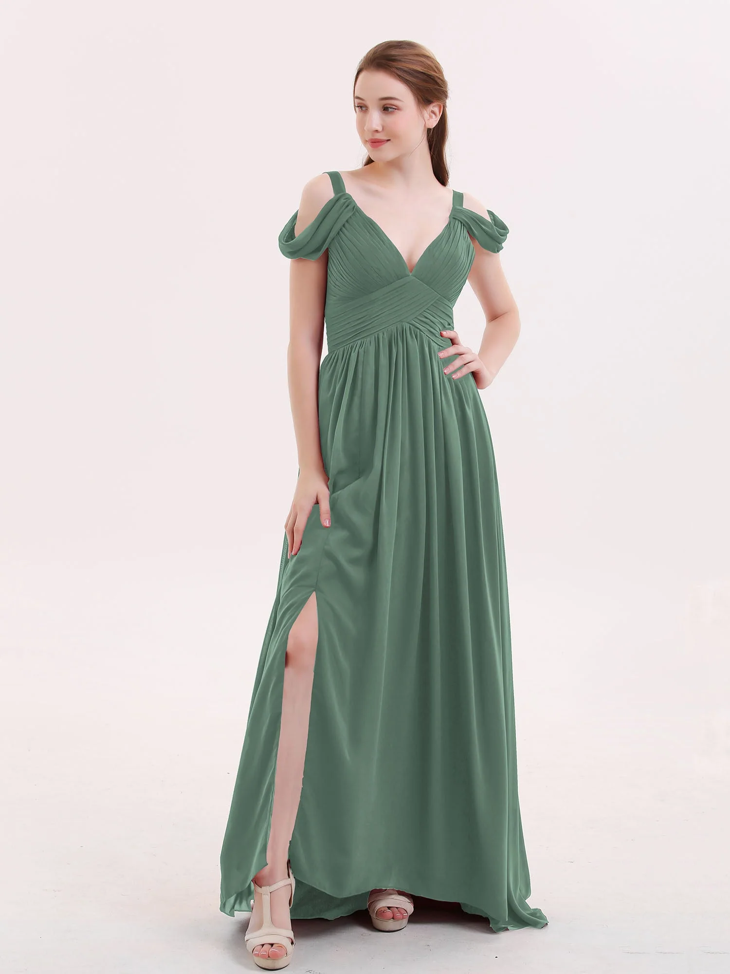 Tief V-Ausschnitt Sexy Chiffon Kleid mit Schlitz Eukalyptus