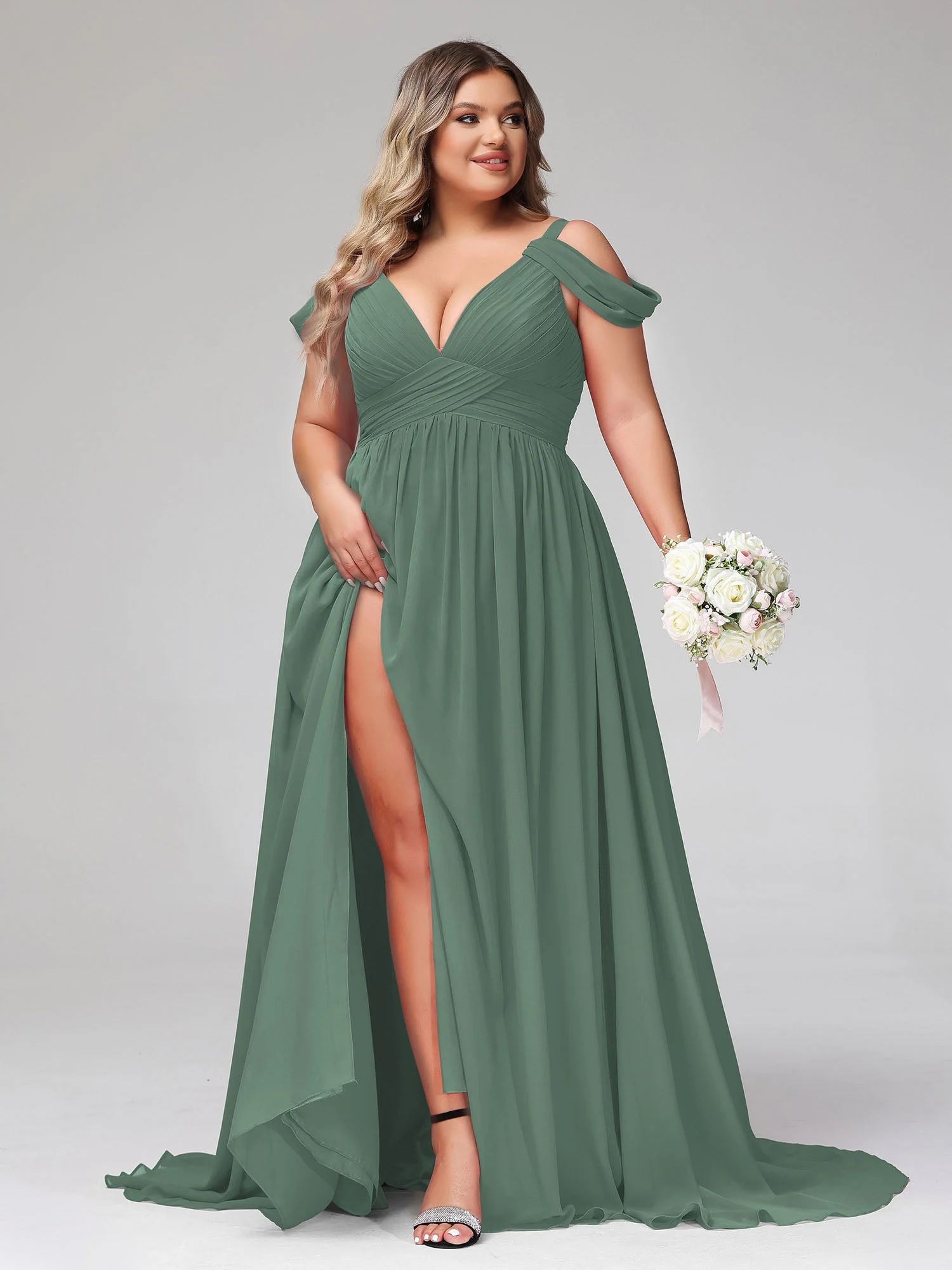 Tief V-Ausschnitt Sexy Chiffon Kleid mit Schlitz Eukalyptus - Image 10