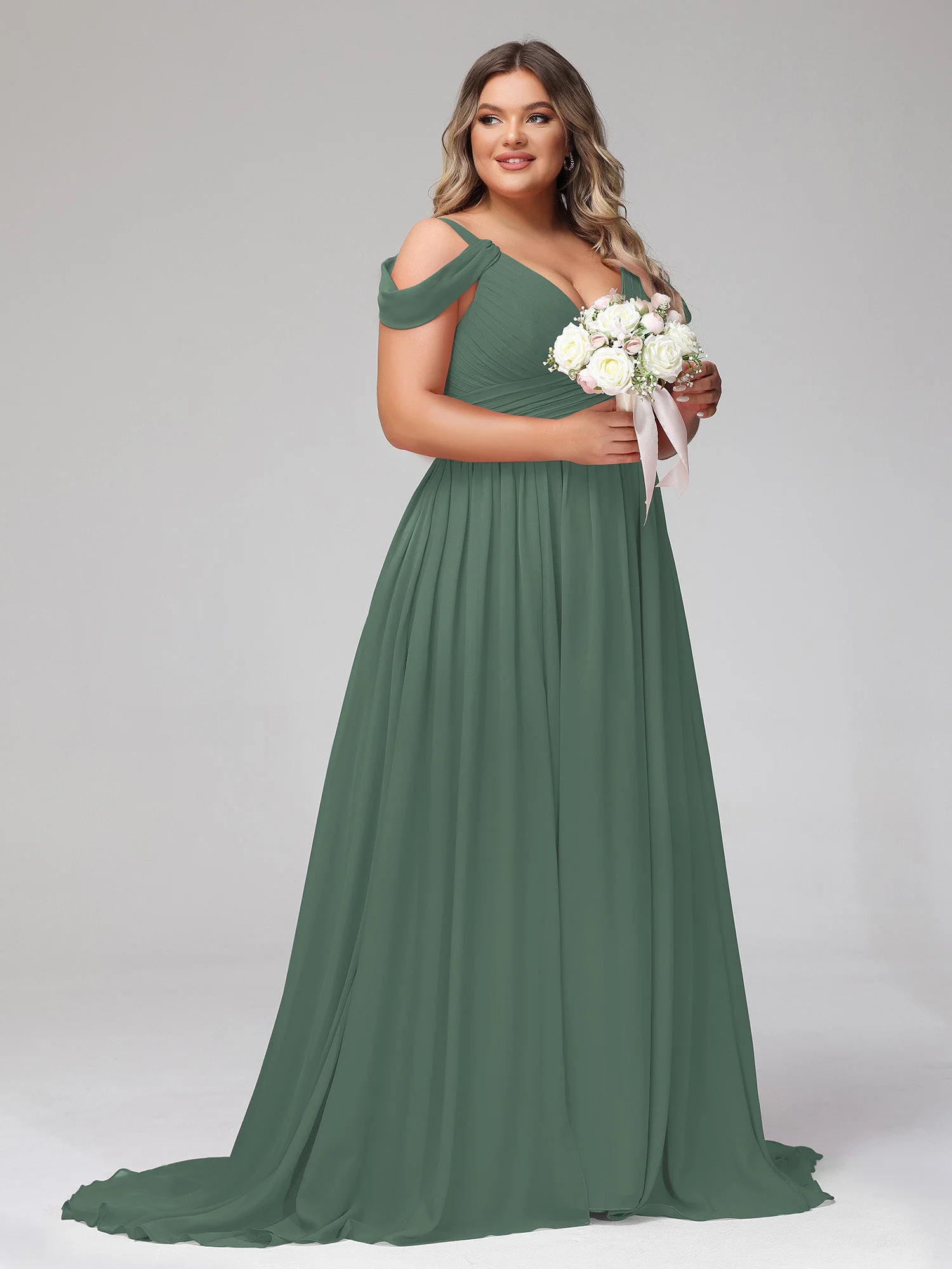 Tief V-Ausschnitt Sexy Chiffon Kleid mit Schlitz Eukalyptus - Image 11