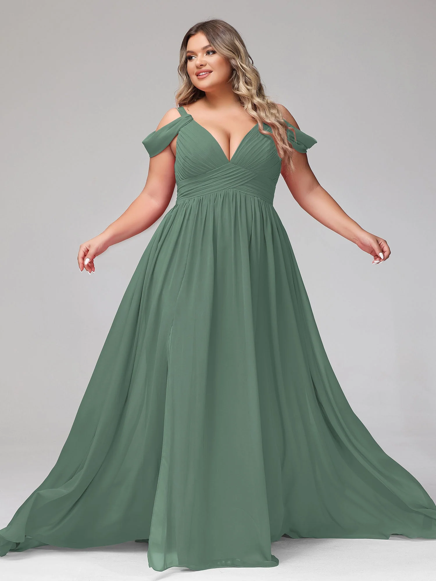 Tief V-Ausschnitt Sexy Chiffon Kleid mit Schlitz Eukalyptus - Image 12