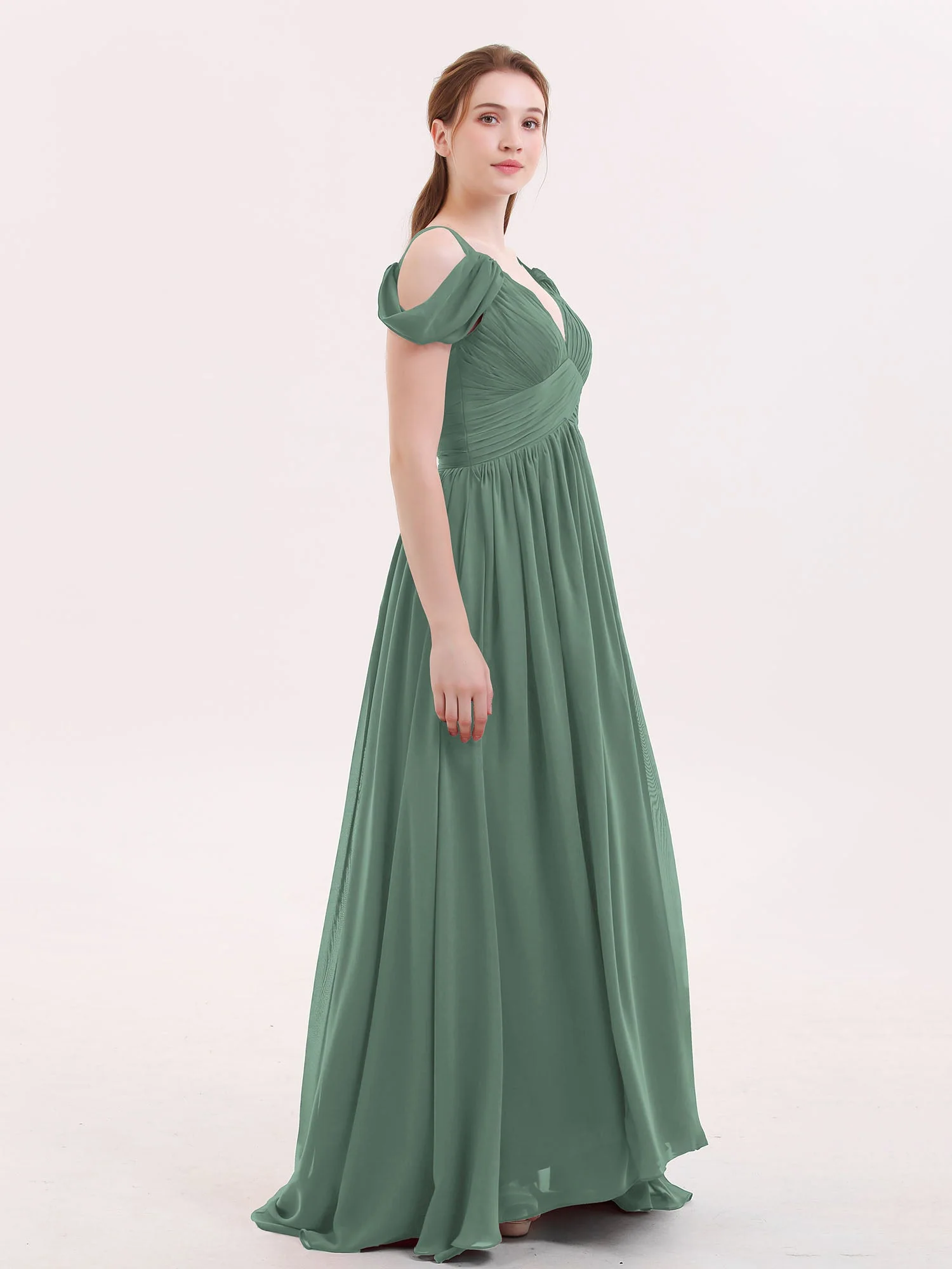 Tief V-Ausschnitt Sexy Chiffon Kleid mit Schlitz Eukalyptus - Image 3