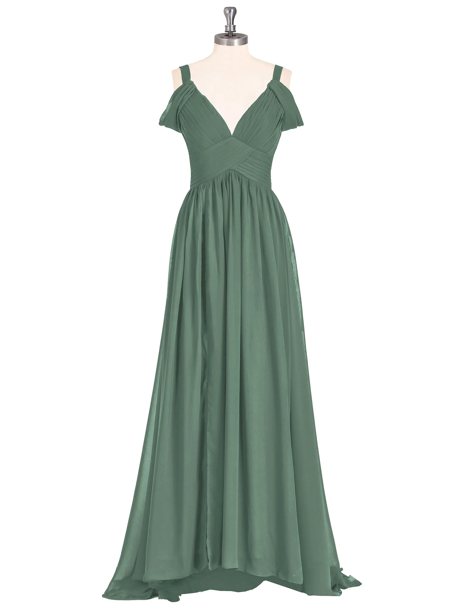 Tief V-Ausschnitt Sexy Chiffon Kleid mit Schlitz Eukalyptus - Image 4