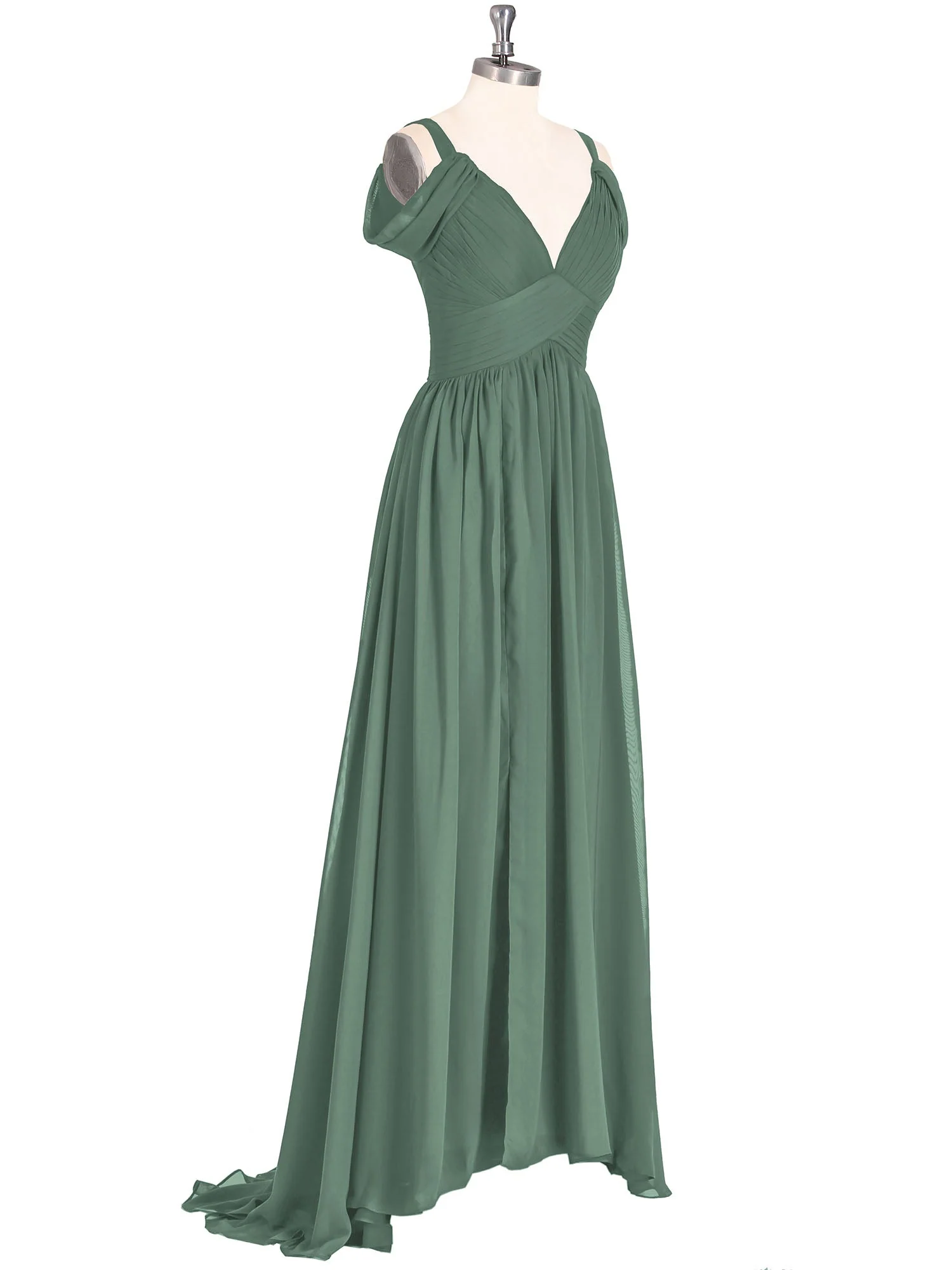 Tief V-Ausschnitt Sexy Chiffon Kleid mit Schlitz Eukalyptus - Image 6