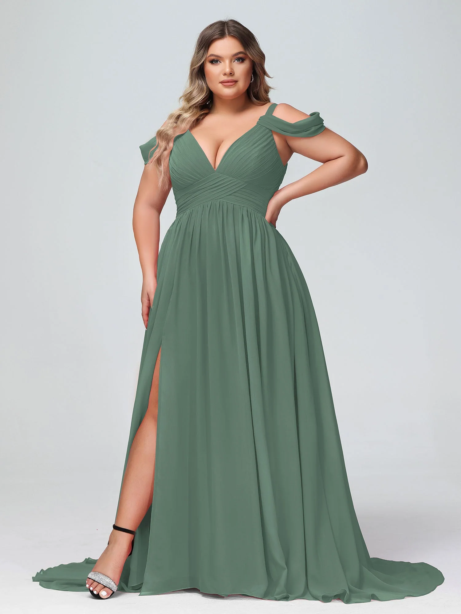 Tief V-Ausschnitt Sexy Chiffon Kleid mit Schlitz Eukalyptus - Image 7